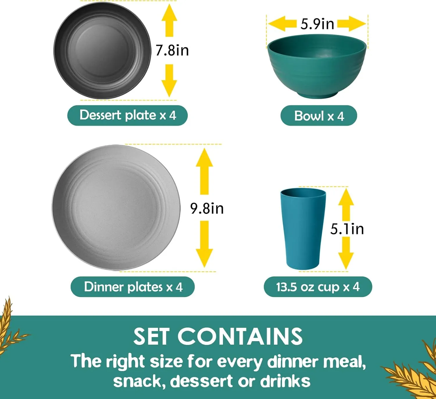 Teivio 16-Piece Kitchen Plastic Wheat Straw Dinnerware Set, Service for 4, Dinner Plates, Dessert Plate, Cereal Bowls, Cups, Unbreakable Plastic Outdoor Camping Dishes, Coastal Multicolor