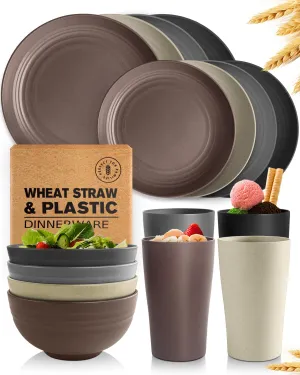 Teivio 16-Piece Kitchen Plastic Wheat Straw Dinnerware Set, Service for 4, Dinner Plates, Dessert Plate, Cereal Bowls, Cups, Unbreakable Plastic Outdoor Camping Dishes, Coastal Multicolor