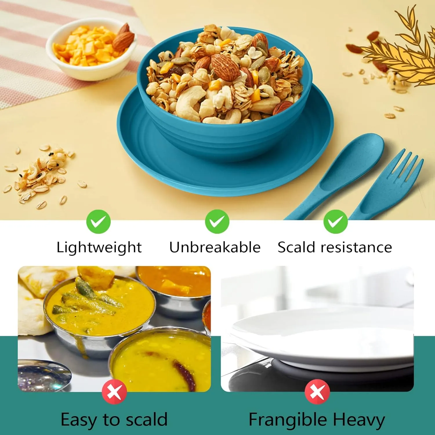 Teivio 16-Piece Kitchen Plastic Wheat Straw Dinnerware Set, Service for 4, Dinner Plates, Dessert Plate, Cereal Bowls, Cups, Unbreakable Plastic Outdoor Camping Dishes, Coastal Multicolor