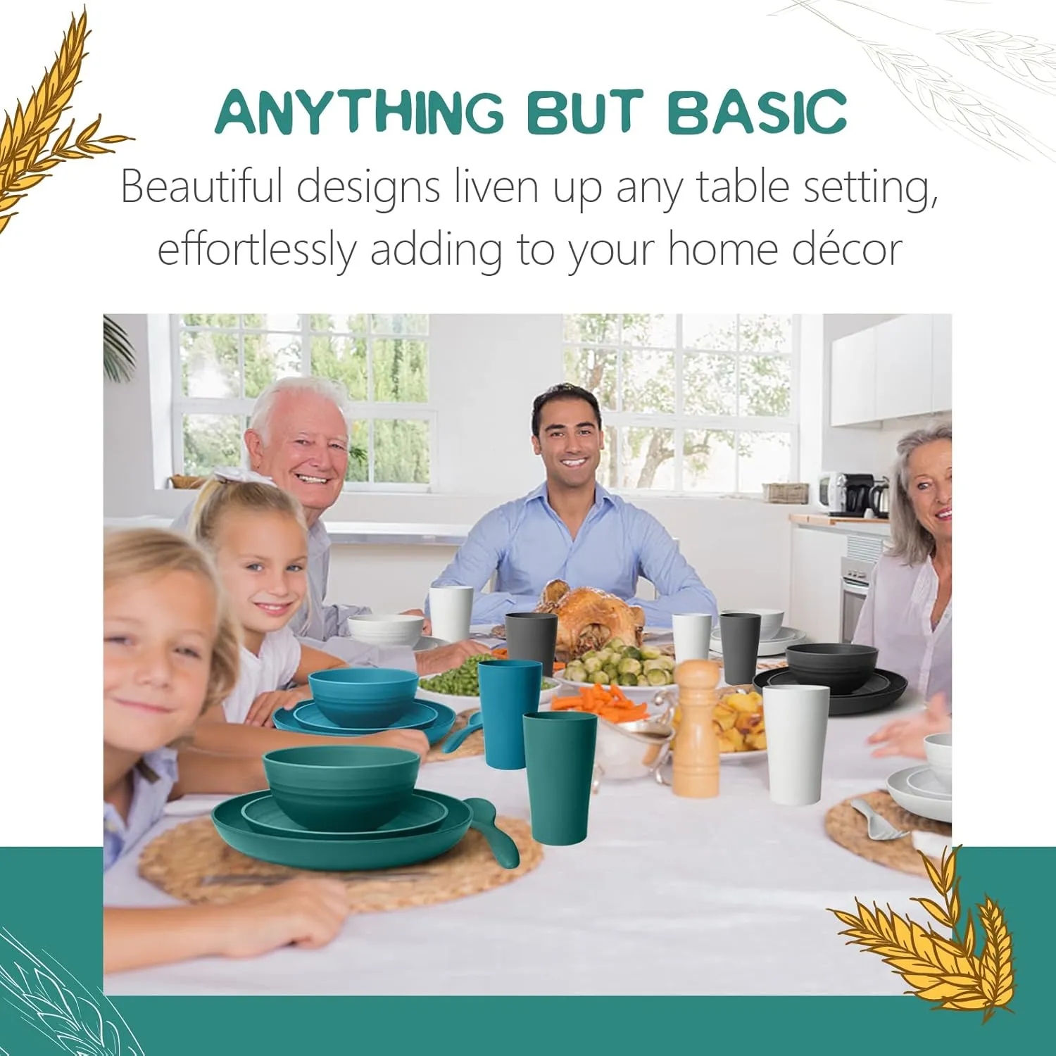 Teivio 16-Piece Kitchen Plastic Wheat Straw Dinnerware Set, Service for 4, Dinner Plates, Dessert Plate, Cereal Bowls, Cups, Unbreakable Plastic Outdoor Camping Dishes, Coastal Multicolor