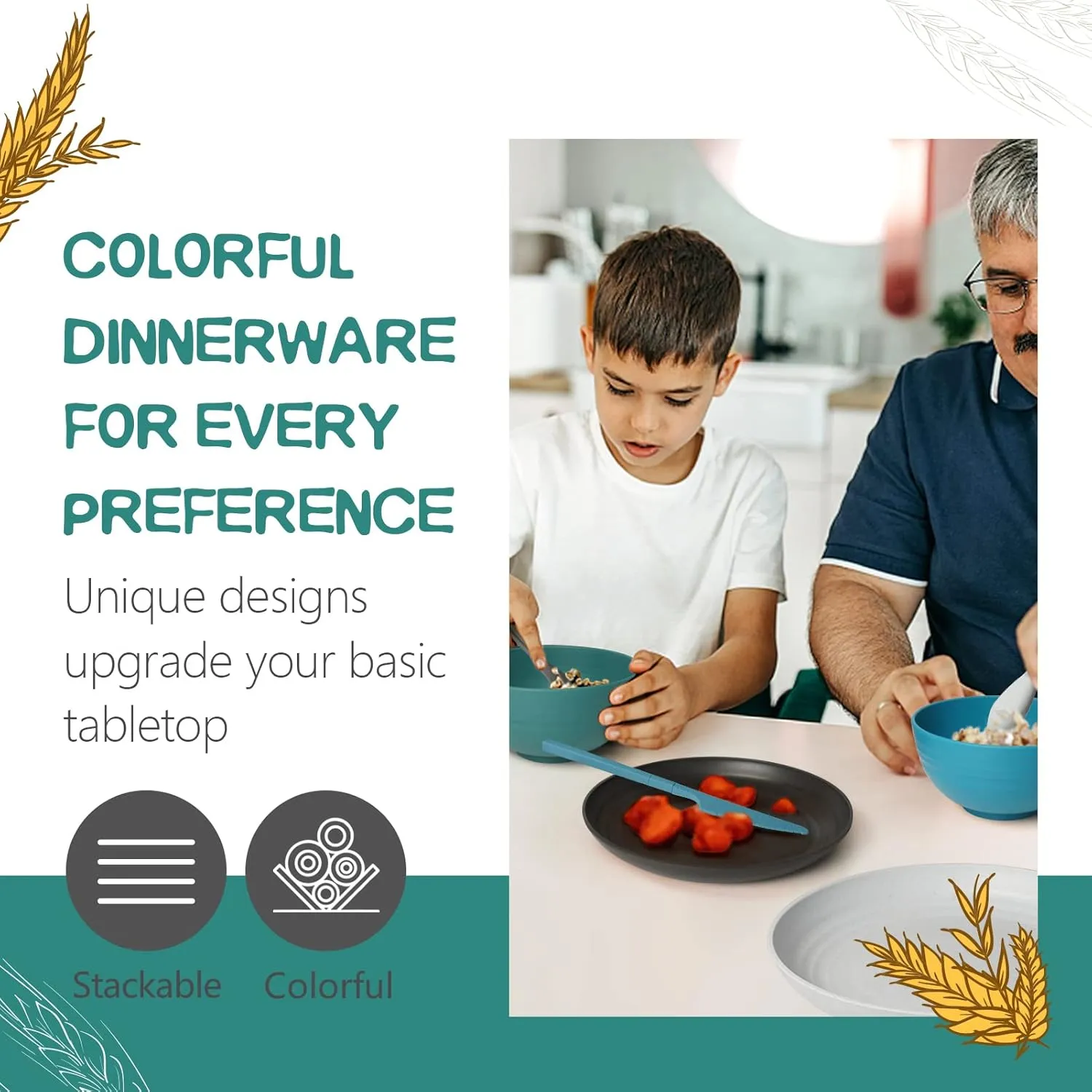 Teivio 16-Piece Kitchen Plastic Wheat Straw Dinnerware Set, Service for 4, Dinner Plates, Dessert Plate, Cereal Bowls, Cups, Unbreakable Plastic Outdoor Camping Dishes, Coastal Multicolor