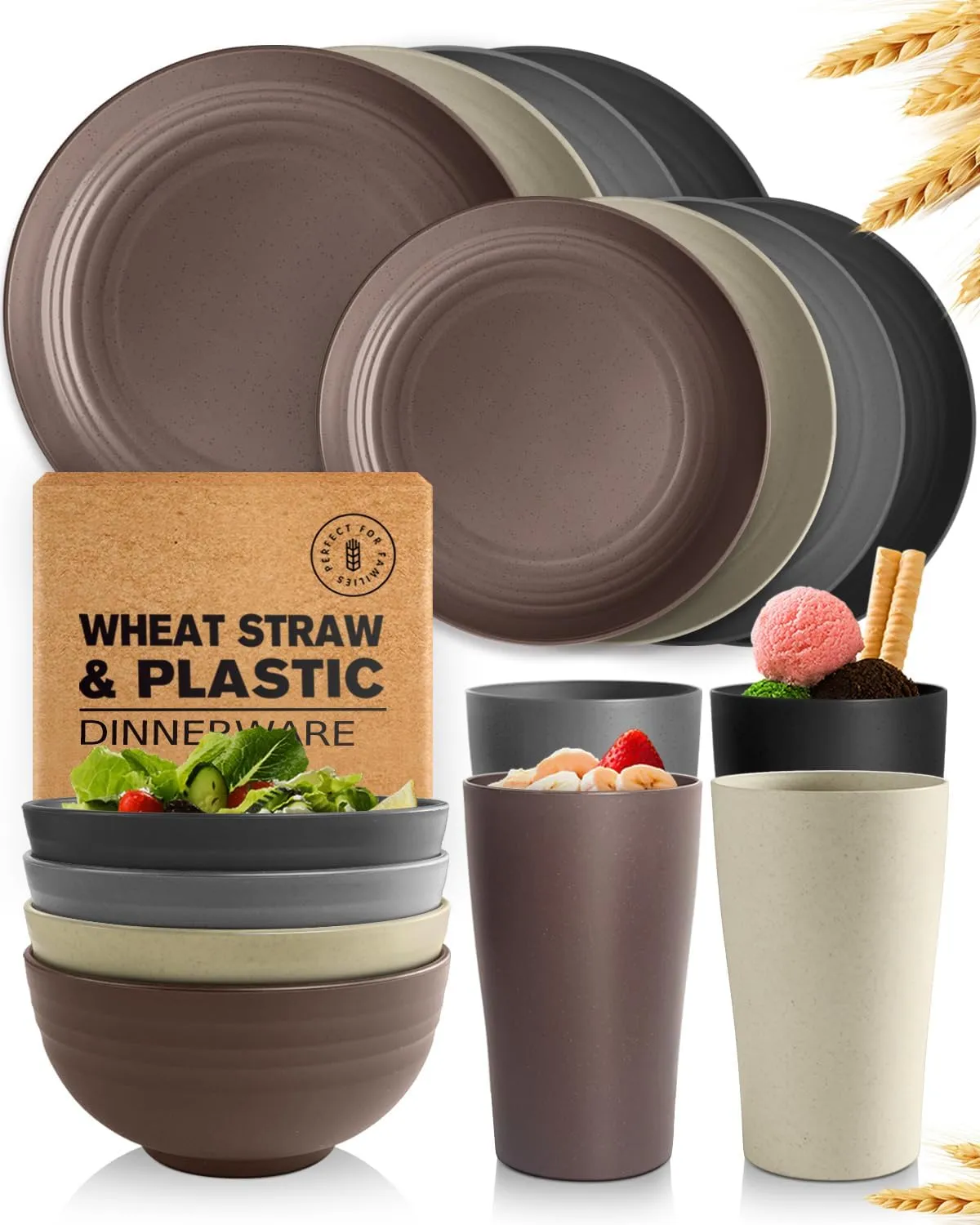 Teivio 16-Piece Kitchen Plastic Wheat Straw Dinnerware Set, Service for 4, Dinner Plates, Dessert Plate, Cereal Bowls, Cups, Unbreakable Plastic Outdoor Camping Dishes, Coastal Multicolor