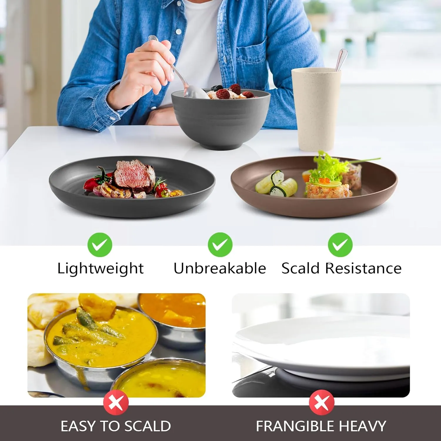 Teivio 16-Piece Kitchen Plastic Wheat Straw Dinnerware Set, Service for 4, Dinner Plates, Dessert Plate, Cereal Bowls, Cups, Unbreakable Plastic Outdoor Camping Dishes, Coastal Multicolor