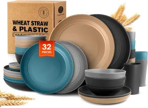 Teivio 32-Piece Kitchen Plastic Wheat Straw Dinnerware Set, Service for 8, Dinner Plates, Dessert Plate, Cereal Bowls, Cups, Unbreakable Colorful Plastic Outdoor Camping Dishes, Cerulean Hues