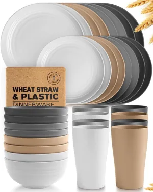 Teivio 32-Piece Kitchen Plastic Wheat Straw Dinnerware Set, Service for 8, Unbreakable Plates, Bowls and Cups Set, Farmhouse Outdoor Camping Dishes for Rustic Life/Country/Vintage, Country