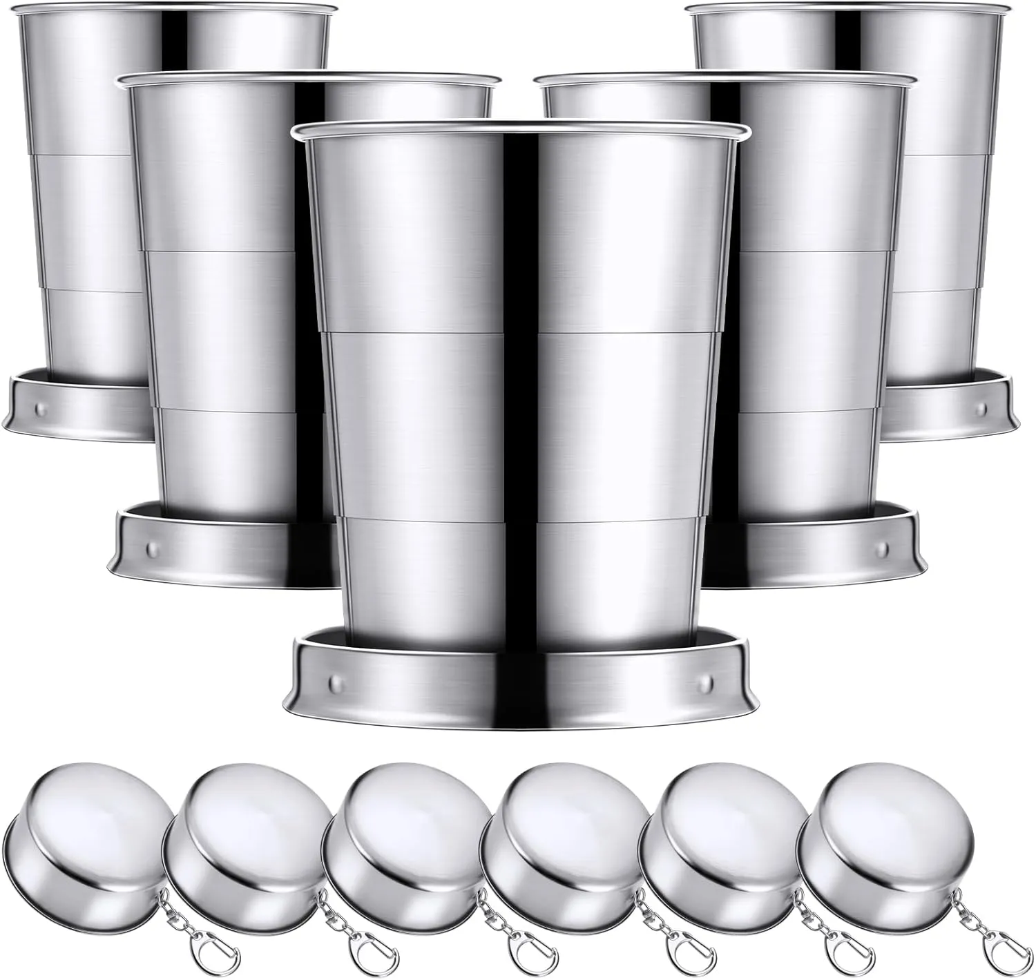 Tessco 6 Pieces Collapsible Shot Glasses Stainless Steel Collapsible Cup Reusable Portable Travel Folding Cup with Lid and Keychain for Camping Hiking Cycling(5 oz)