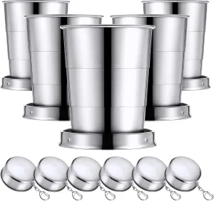 Tessco 6 Pieces Collapsible Shot Glasses Stainless Steel Collapsible Cup Reusable Portable Travel Folding Cup with Lid and Keychain for Camping Hiking Cycling(5 oz)