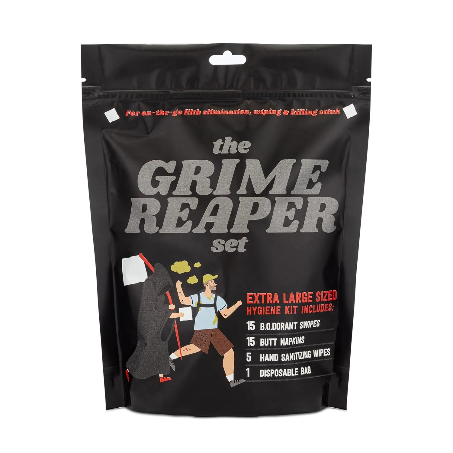 The Grime Reaper Set, On-the-Go Hygiene Kit, For Filth Elimination, Wiping and Killing Stink, 15 B.O.dorant Swipes, 15 Butt Napkins, 5 Hand Sanitizing Wipes, 1 Disposable Bag