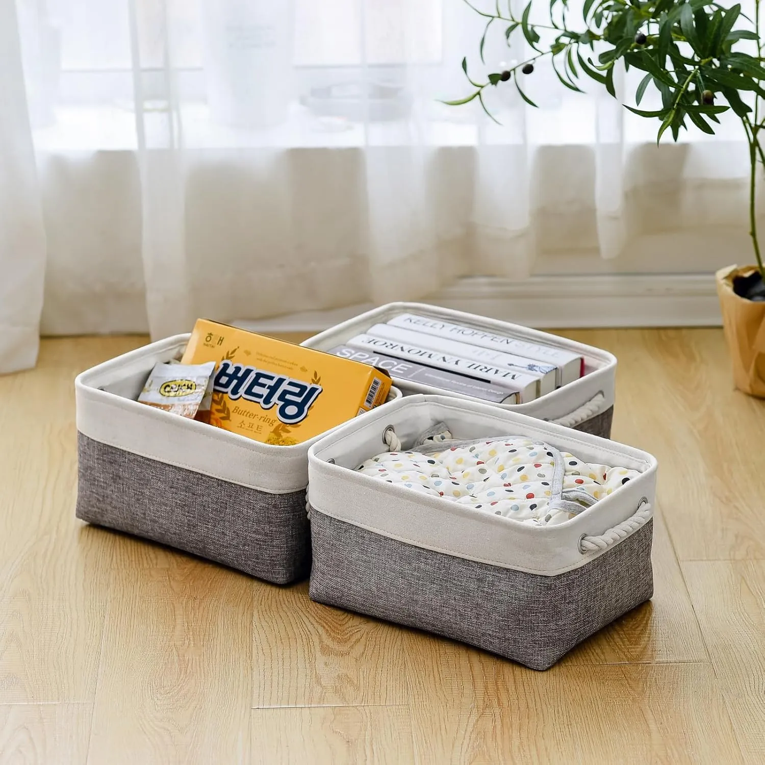 TheWarmHome Storage Bins for Shelves - 13.8L×9.8W×6.7H inch 3 Pack Medium Collapsible Storage Baskets for Organizing | Fabric Storage Cubes for Linen Closet Toy Home (White&Grey)