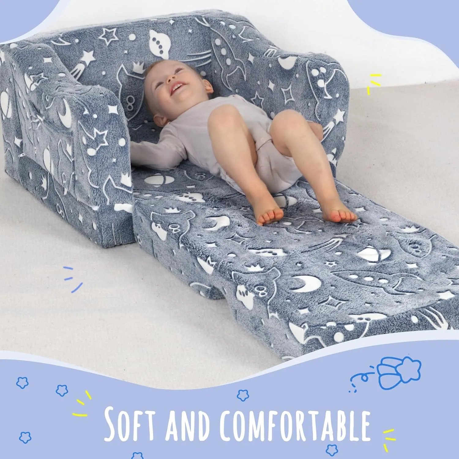Thick Comfy Toddler Chair and Couch for Kids，2-in-1 Soft Plush Fold Out Sofa for Children，Convertible Couch to Lounger for Toddler