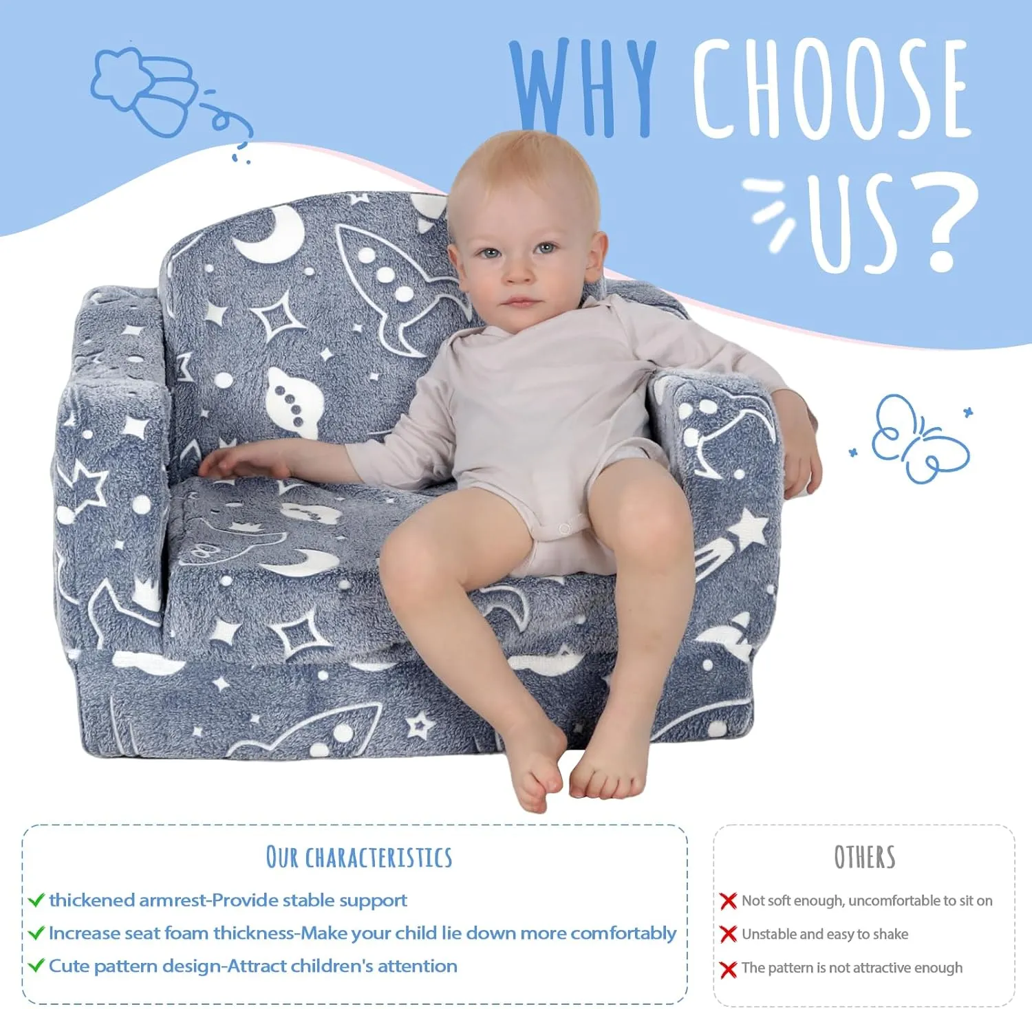 Thick Comfy Toddler Chair and Couch for Kids，2-in-1 Soft Plush Fold Out Sofa for Children，Convertible Couch to Lounger for Toddler