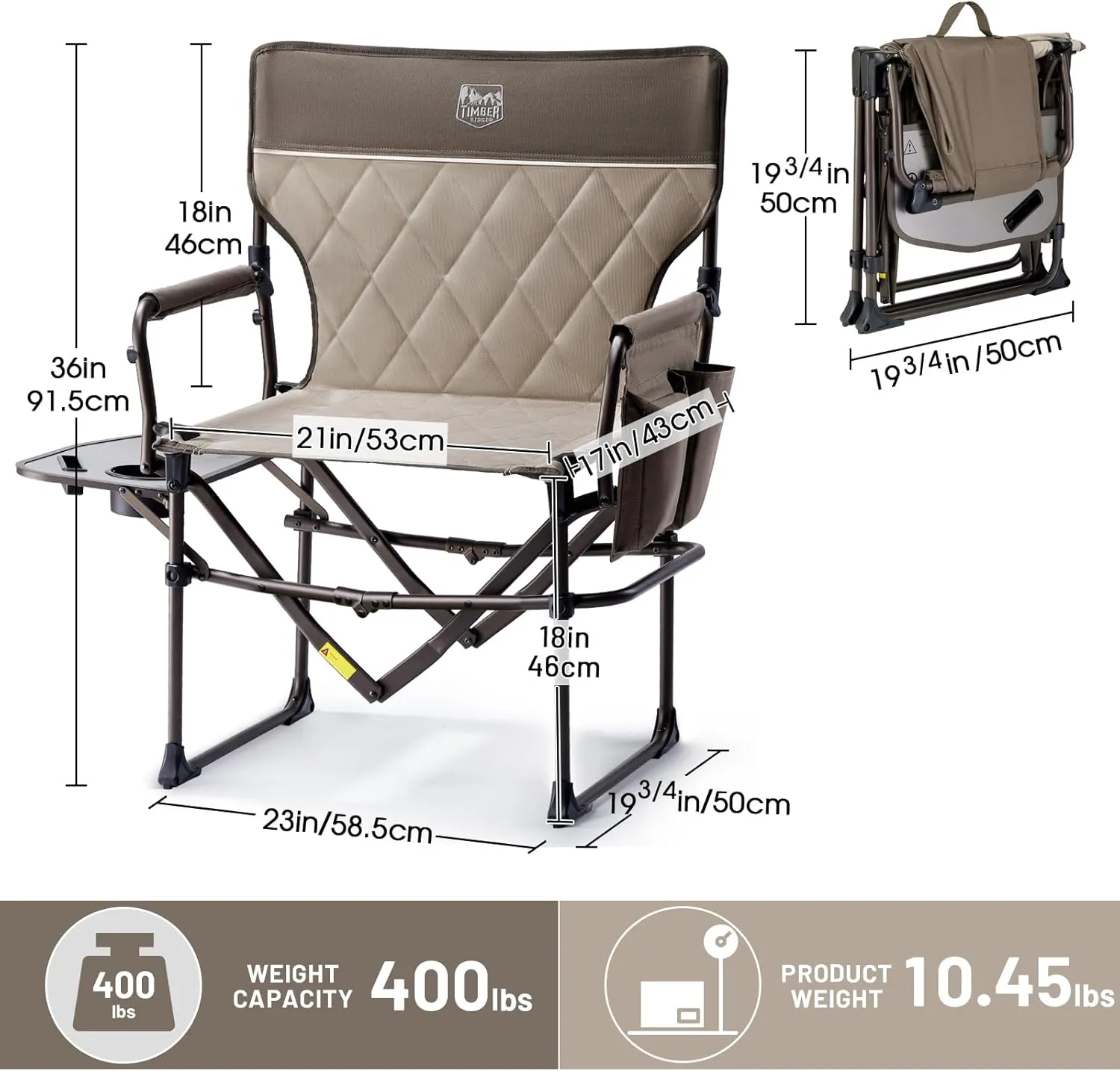 TIMBER RIDGE 2 Pack Camping Directors Chair with Side Table Pocket, Portable Folding Heavy Duty Lawn Chair for Fishing Trip Picnic Concert Outdoor 400lbs, Tan