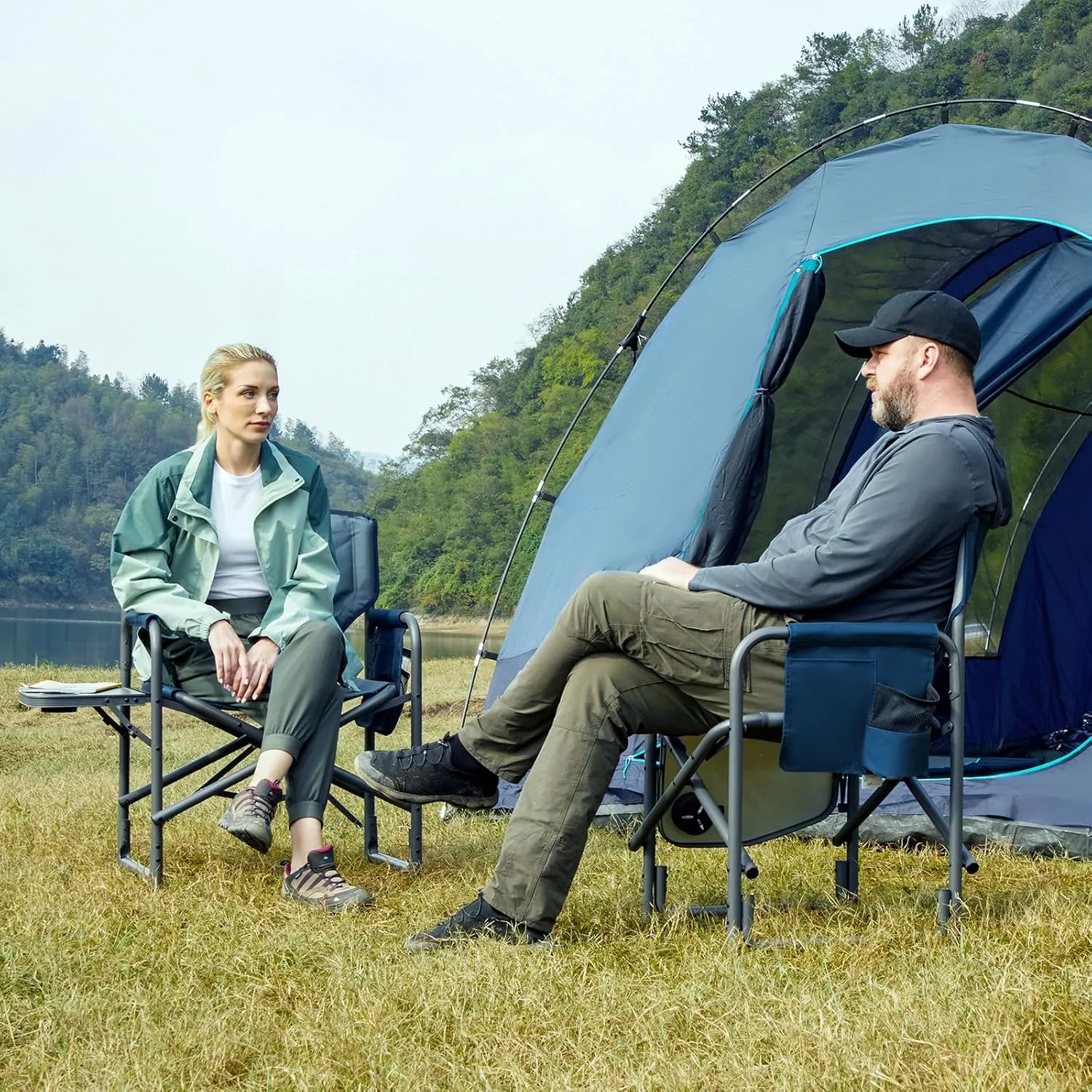 TIMBER RIDGE Aluminum Oversized Camping Chair, Lightweight Portable Directors Chair with Side Table Detachable Side Pocket for Outdoor Camping, Lawn, Picnic, Support 400lbs Blue