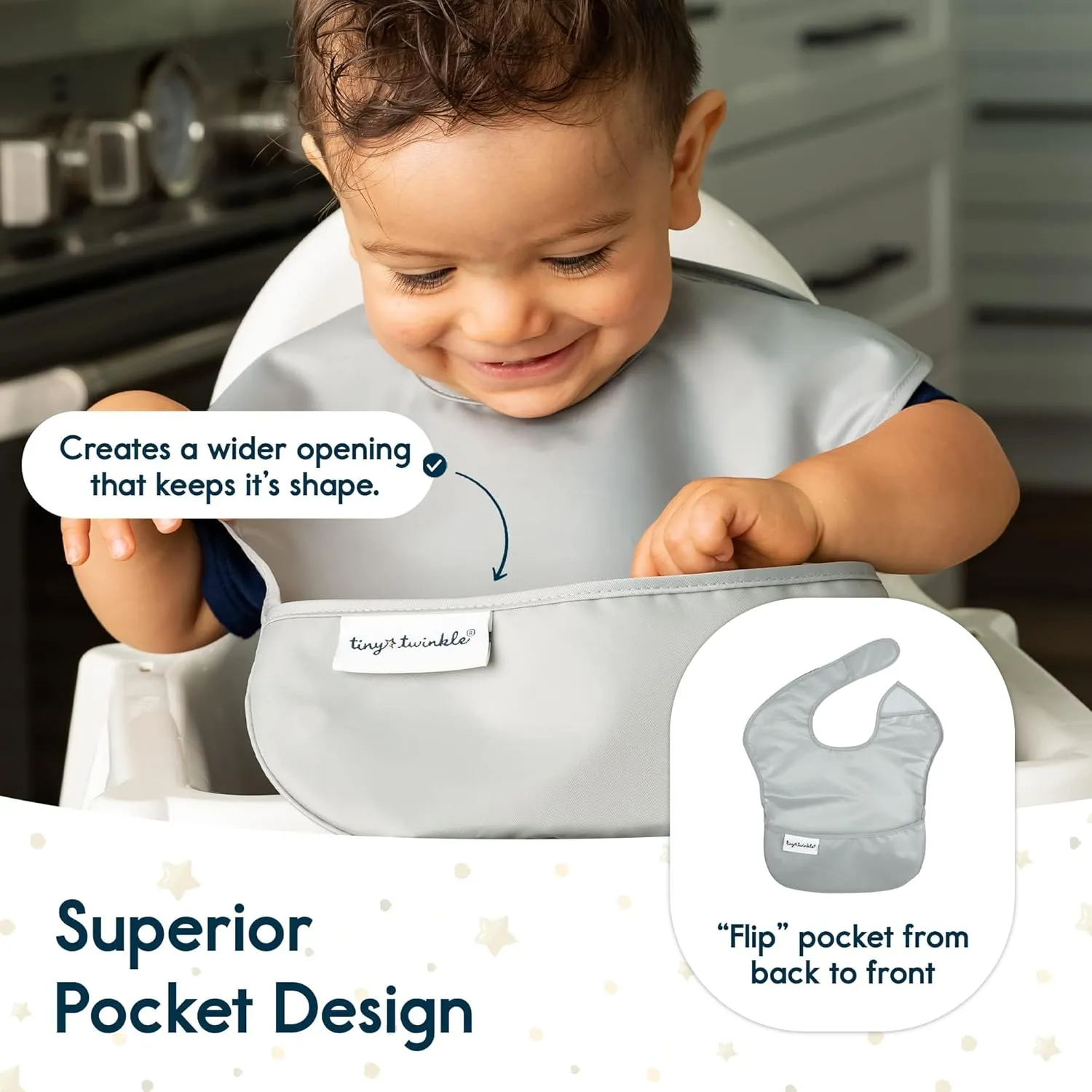 Tiny Twinkle Mess-Proof Baby Bib - Waterproof Bib for Baby Boy or Girl - PFAS, PVC, BPA, Phthalate Free - Baby Food Bibs