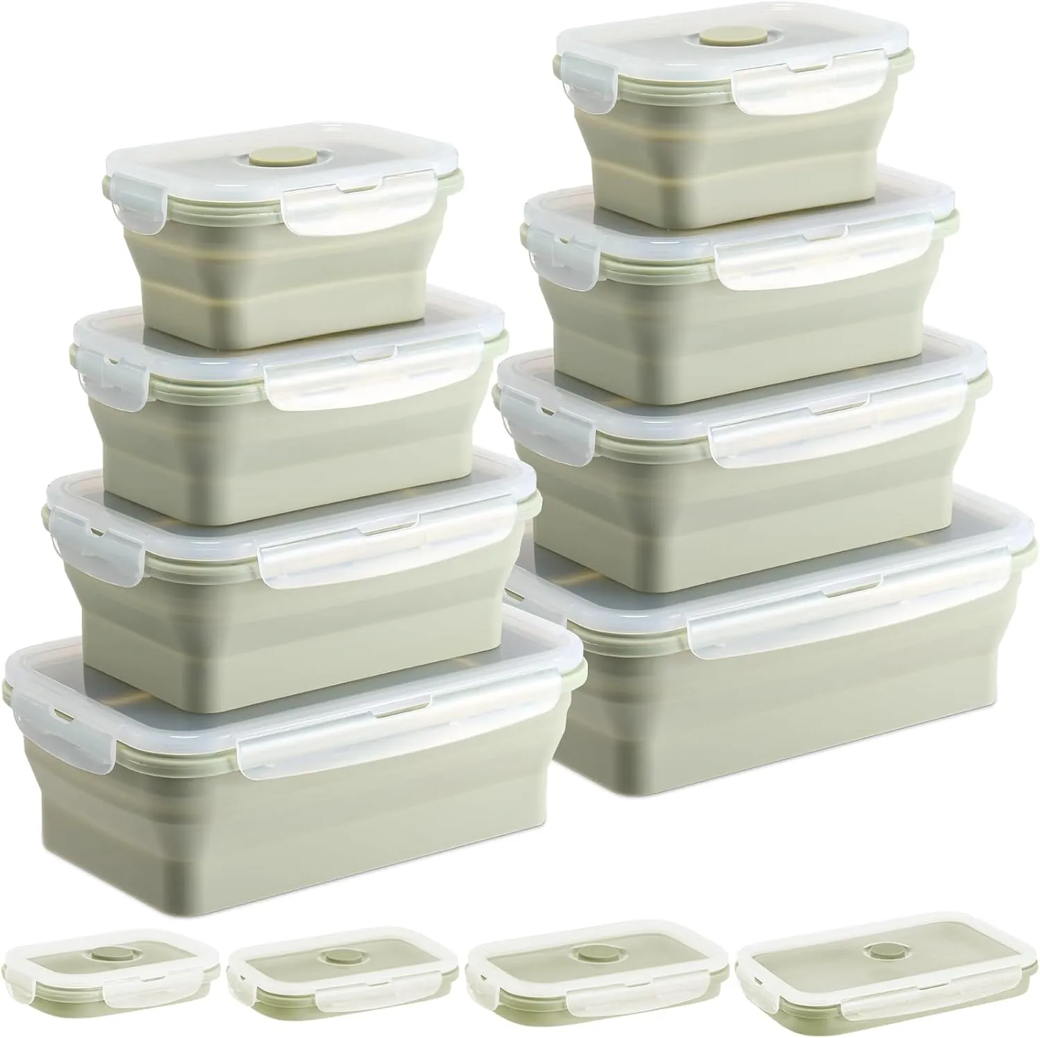 Tioncy 8 Set Collapsible Silicone Food Storage Containers with Lids Kitchen Collapsible Storage Containers Collapsible Bowls Silicone Lunch Box, Microwave Freezer and Dishwasher Safe(Green)