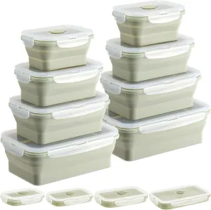 Tioncy 8 Set Collapsible Silicone Food Storage Containers with Lids Kitchen Collapsible Storage Containers Collapsible Bowls Silicone Lunch Box, Microwave Freezer and Dishwasher Safe(Green)