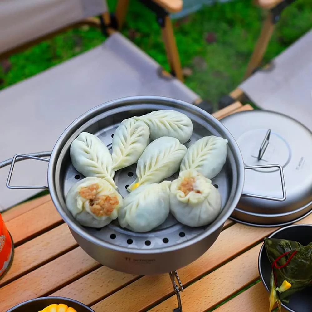Titanium Steamer Stockpot Set with Lid Outdoor Camping Soup Steaming Pot Pan Mess Kit Ultralight Outdoor Cooking Pot