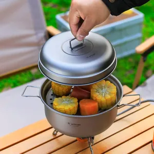 Titanium Steamer Stockpot Set with Lid Outdoor Camping Soup Steaming Pot Pan Mess Kit Ultralight Outdoor Cooking Pot
