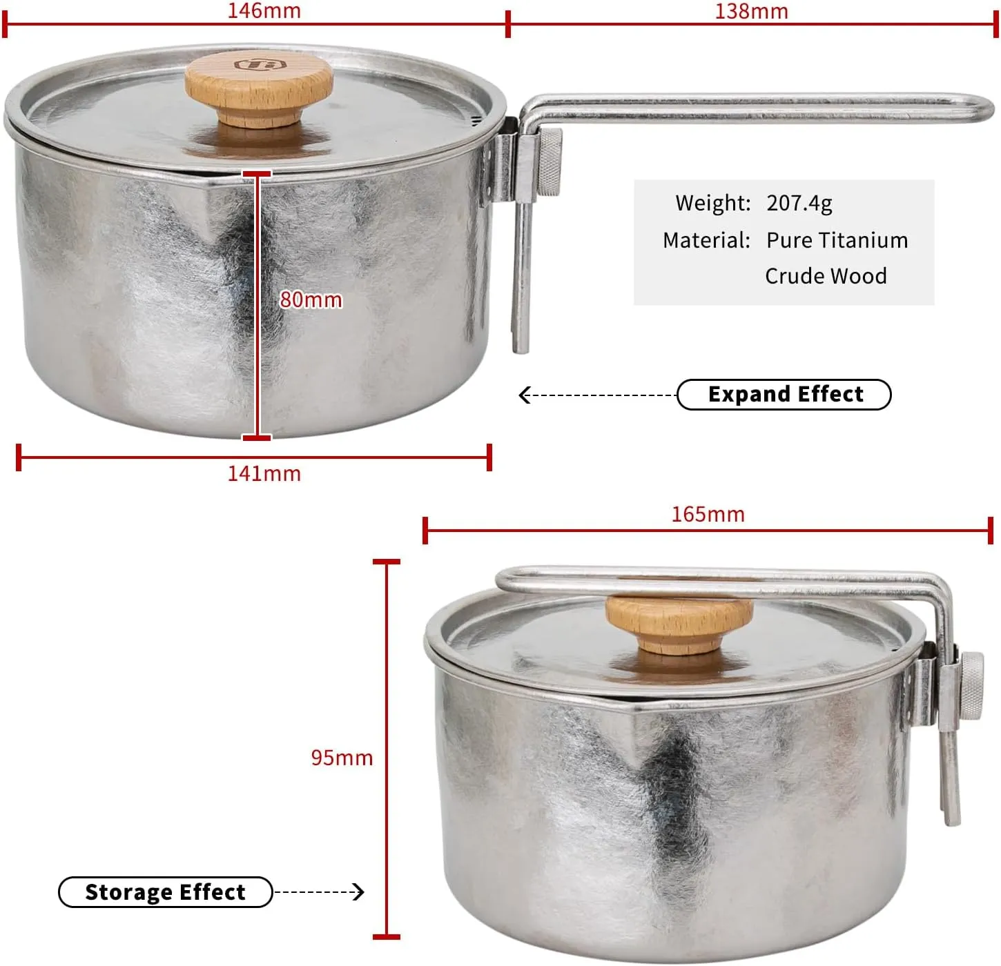 TiTo Titanium Camping Pot Lunch Box with Lid & Folding Handle Ultralight Portable Outdoor Heated Bowl for Hiking Backpacking Picnic Travel Adventure Cookware Bento Box
