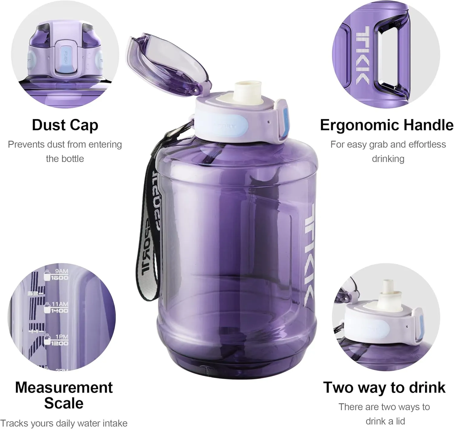 TKK Half Gallon 64oz Water Bottle with Times to Drink Large 64 oz Water Jug with Straw & Strap & Handle, BPA Free Big Water Bottle for Daily Drinking & Gym Workout