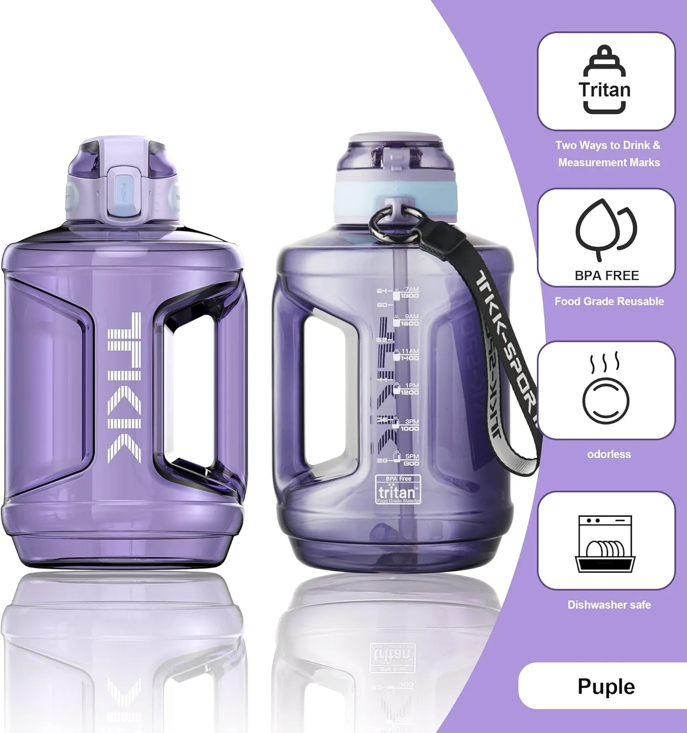 TKK Half Gallon 64oz Water Bottle with Times to Drink Large 64 oz Water Jug with Straw & Strap & Handle, BPA Free Big Water Bottle for Daily Drinking & Gym Workout