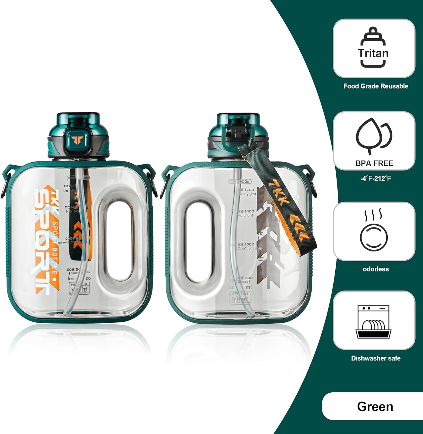 TKK Half Gallon Water Bottle Jug with Straw Large Capacity Plastic Water Bottle Dishwasher Safe 1/2 Gallon 50 Oz Water Bottle Jug BPA Free Tritan for Gym Yoga Travel Camping Outdoor
