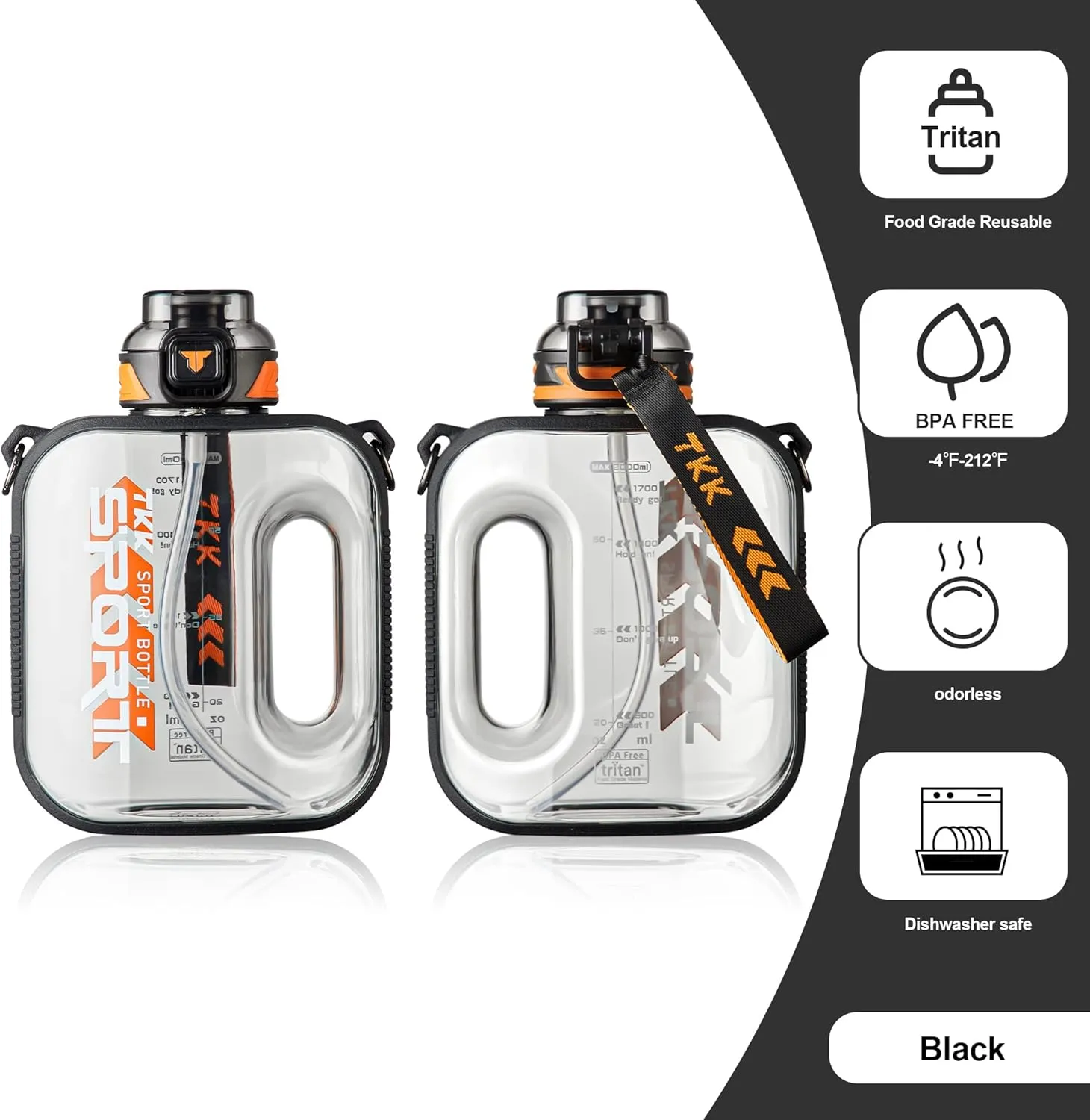 TKK Half Gallon Water Bottle Jug with Straw Large Capacity Plastic Water Bottle Dishwasher Safe 1/2 Gallon 50 Oz Water Bottle Jug BPA Free Tritan for Gym Yoga Travel Camping Outdoor