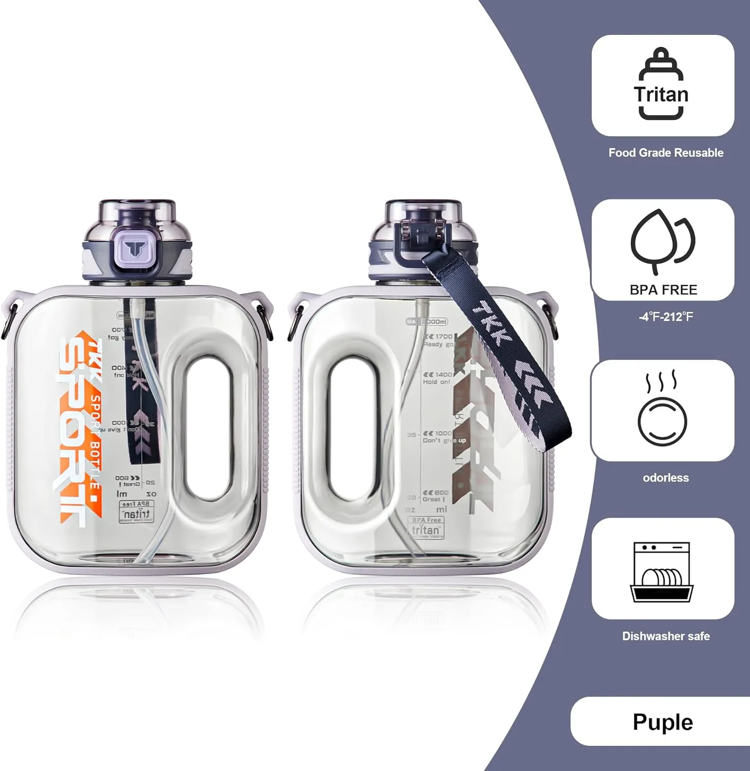 TKK Half Gallon Water Bottle Jug with Straw Large Capacity Plastic Water Bottle Dishwasher Safe 1/2 Gallon 64 Oz Water Bottle Jug BPA Free Tritan for Gym Yoga Travel Camping Outdoor Purple