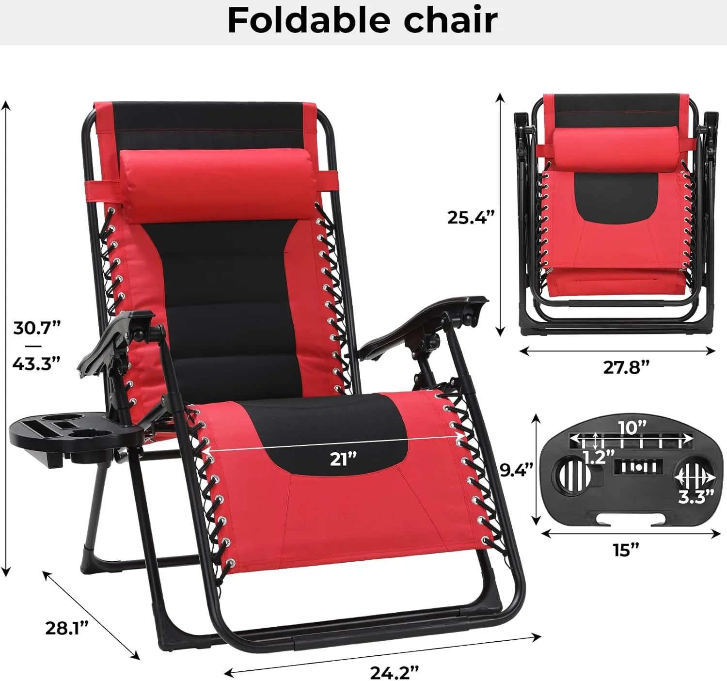 TLSUNNY Oversized Padded Zero Gravity Chair Set of 2, Folding Outdoor Patio Recliner, 24.2" Wide Seat Lounger W/Detachable Pillow & Holder Tray, Patio Furniture for Garden, 350LBS (Black/Burgundy)