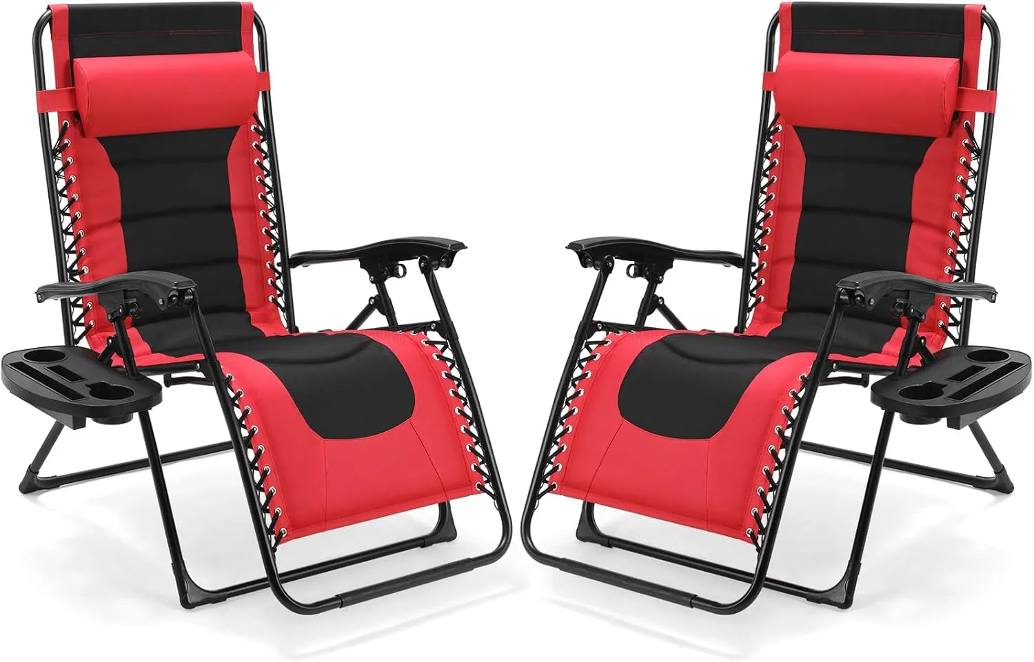 TLSUNNY Oversized Padded Zero Gravity Chair Set of 2, Folding Outdoor Patio Recliner, 24.2" Wide Seat Lounger W/Detachable Pillow & Holder Tray, Patio Furniture for Garden, 350LBS (Black/Burgundy)
