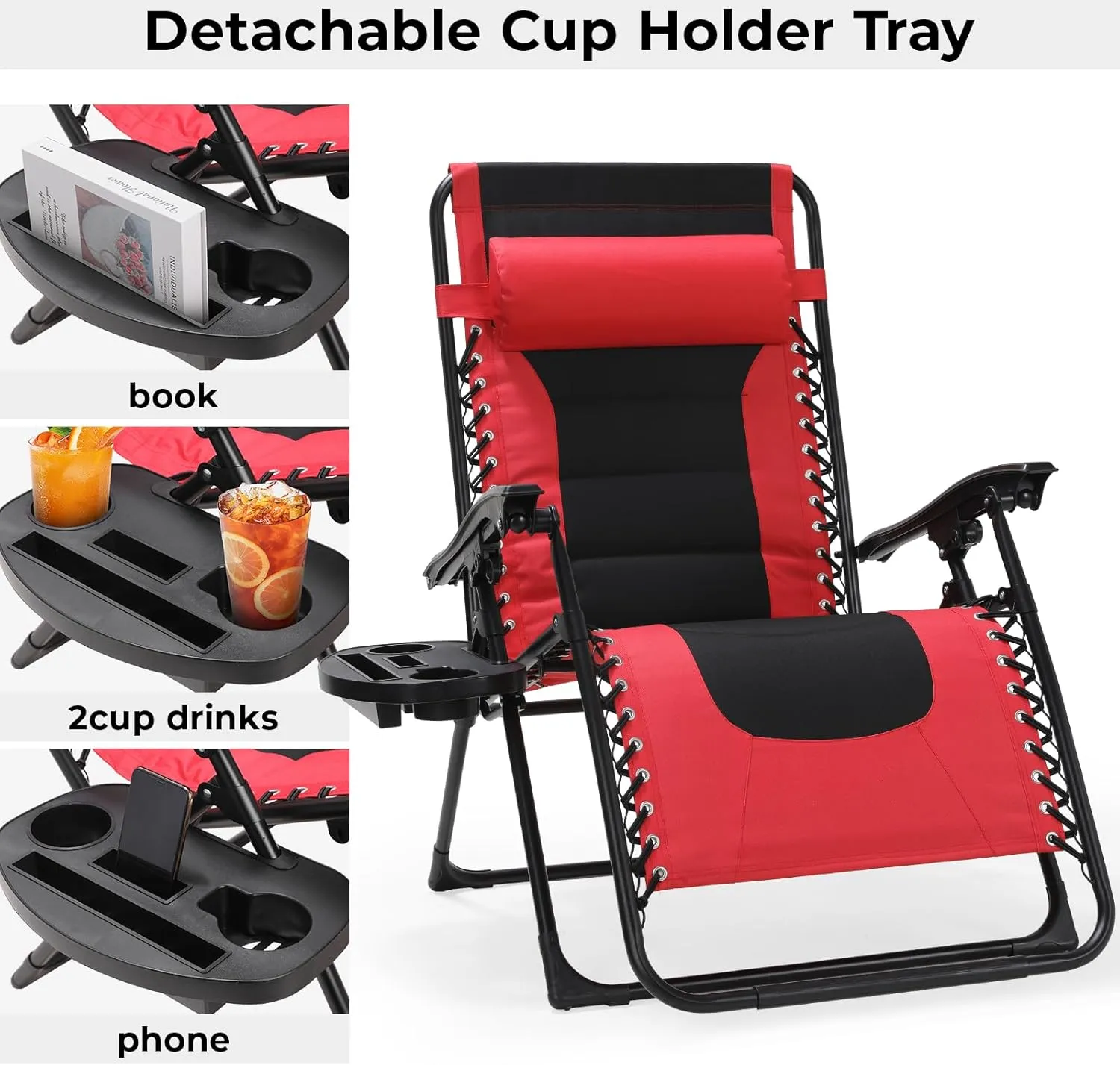 TLSUNNY Oversized Padded Zero Gravity Chair Set of 2, Folding Outdoor Patio Recliner, 24.2" Wide Seat Lounger W/Detachable Pillow & Holder Tray, Patio Furniture for Garden, 350LBS (Black/Burgundy)
