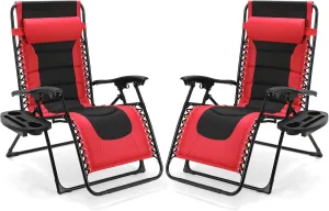 TLSUNNY Oversized Padded Zero Gravity Chair Set of 2, Folding Outdoor Patio Recliner, 24.2" Wide Seat Lounger W/Detachable Pillow & Holder Tray, Patio Furniture for Garden, 350LBS (Black/Burgundy)