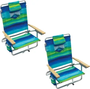 Tommy Bahama 2-Pack 5-Position Classic Lay Flat Backpack Beach Chair with Cooler and Cup Holder, Portable Folding Beach Chair for Tanning, Blue/Green