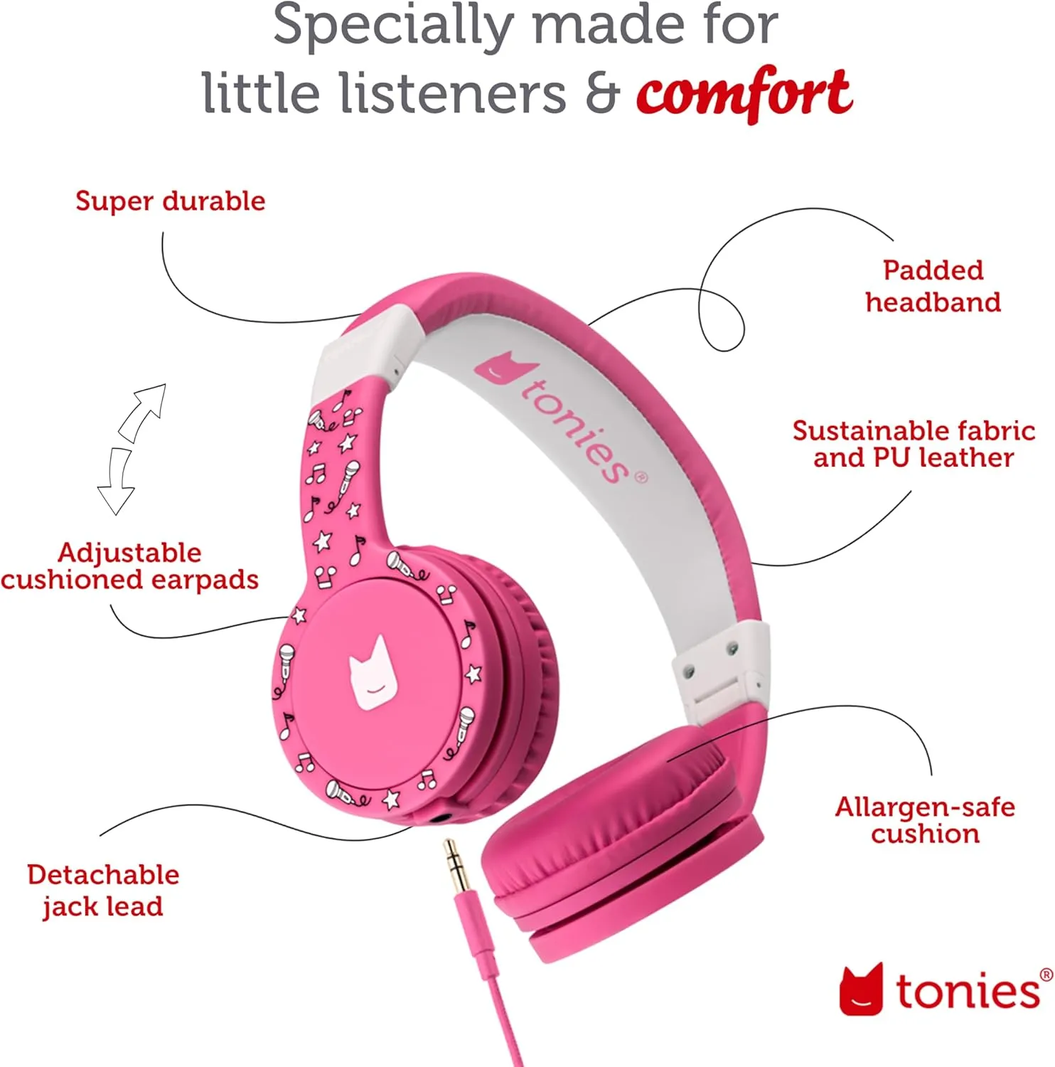 Tonies Foldable Wired Headphones for Kids - Comfortably Designed to fit On-Ear - Works with Toniebox and All 3.5mm Devices - Pink