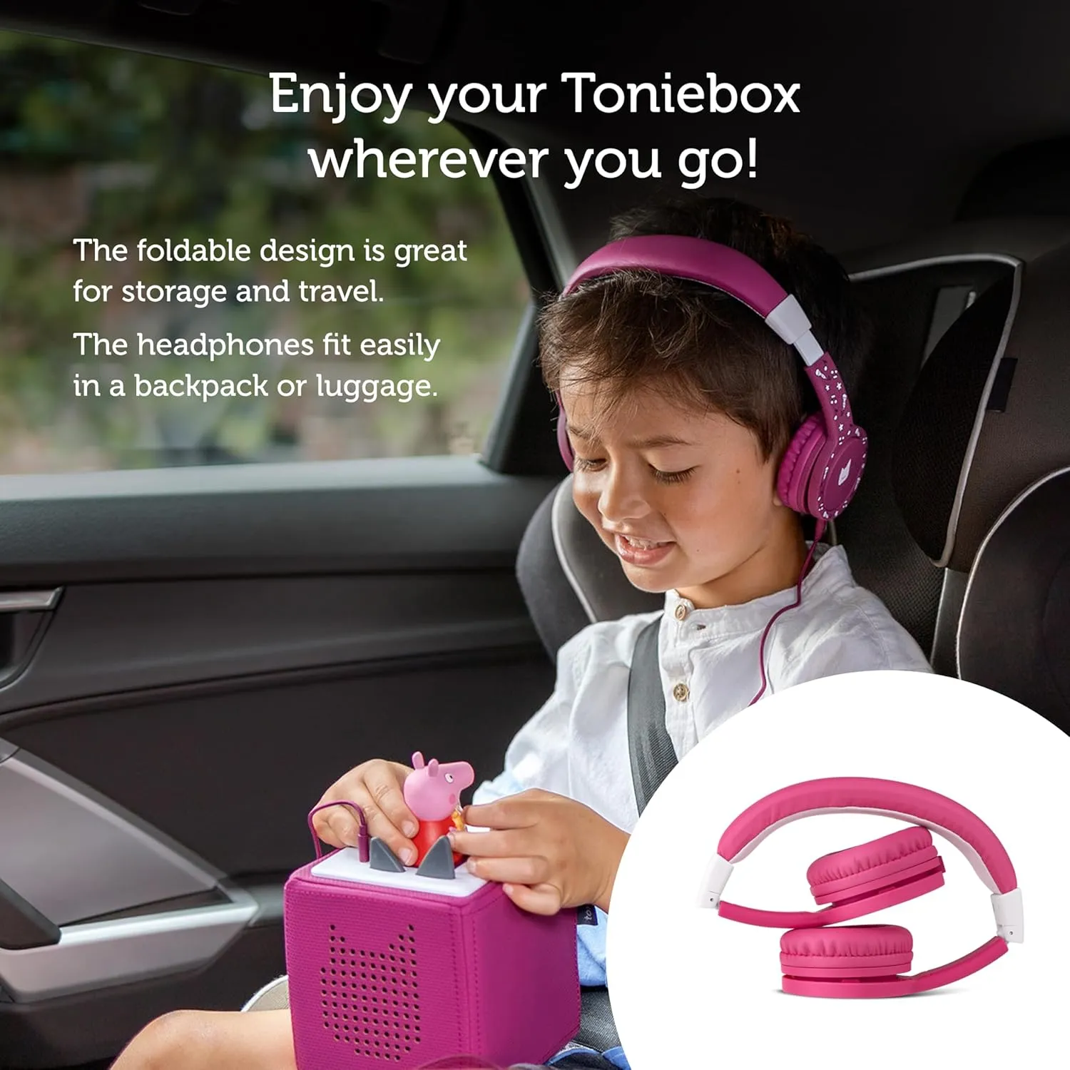 Tonies Foldable Wired Headphones for Kids - Comfortably Designed to fit On-Ear - Works with Toniebox and All 3.5mm Devices - Pink