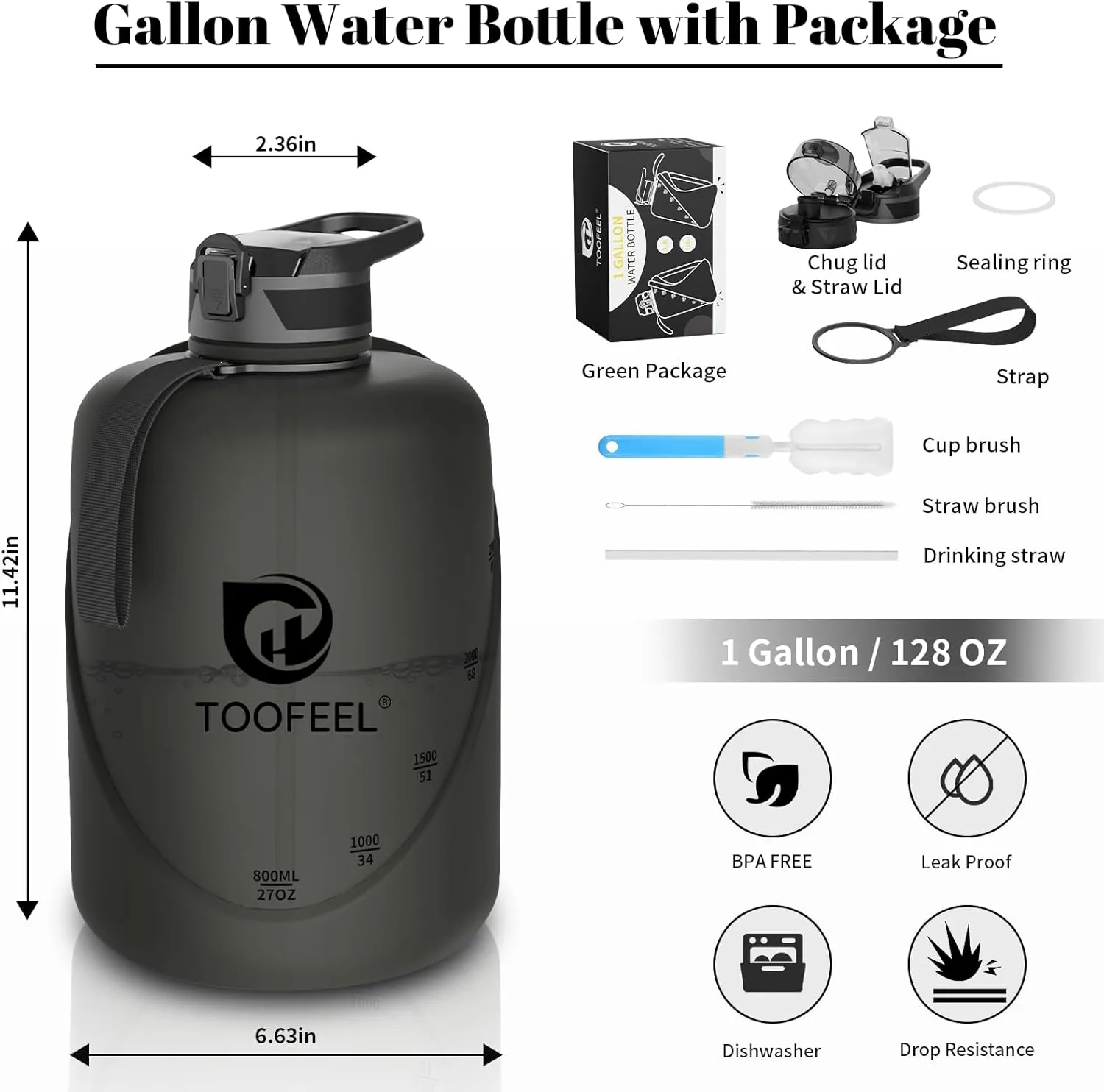 TOOFEEL 1 gallon water bottle - 128 oz water bottle with Straw & Chug Lid - BPA Free Big Water Bottle with Handle - Gym Water Bottle - Black