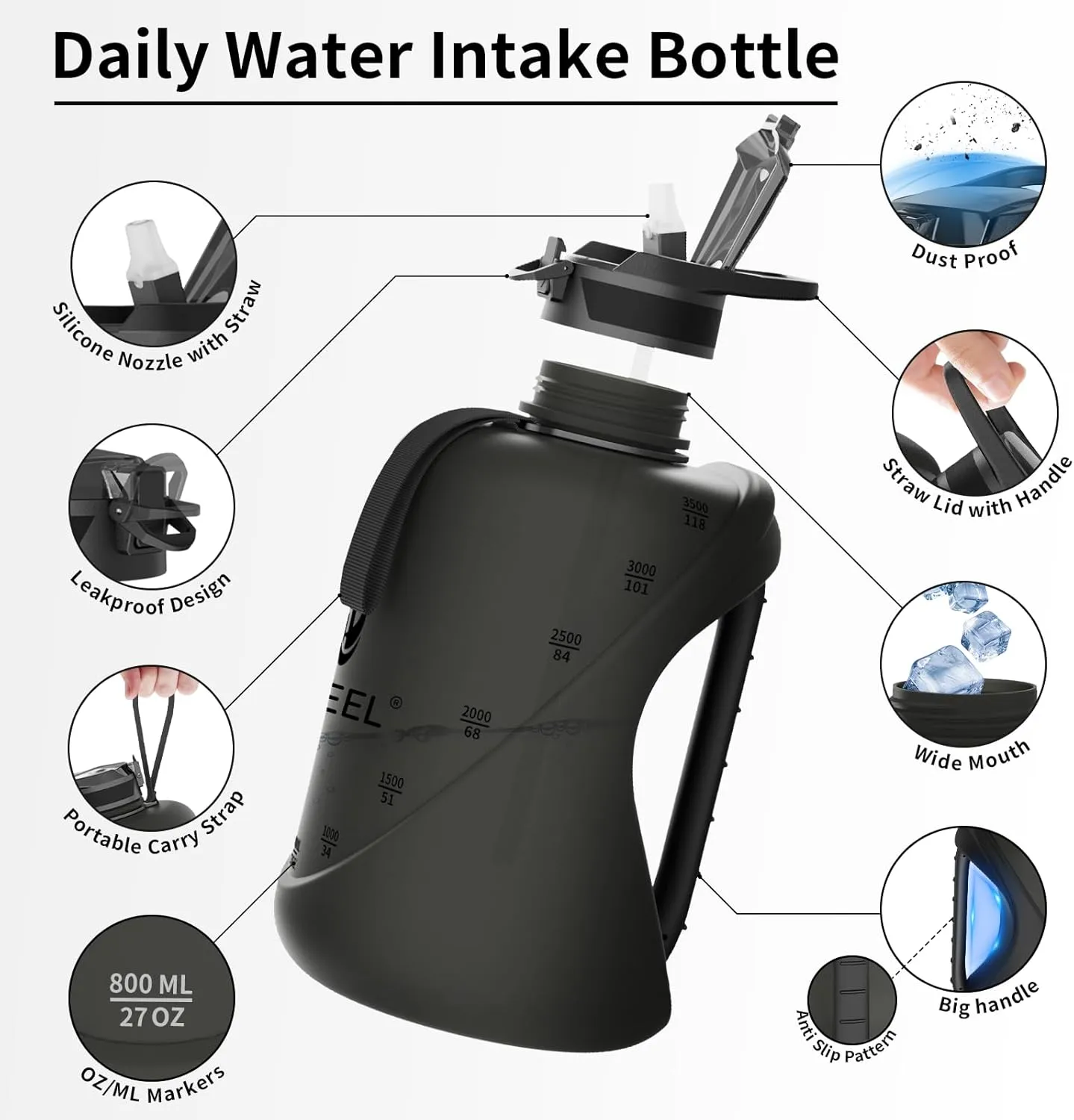 TOOFEEL 1 gallon water bottle - 128 oz water bottle with Straw & Chug Lid - BPA Free Big Water Bottle with Handle - Gym Water Bottle - Black