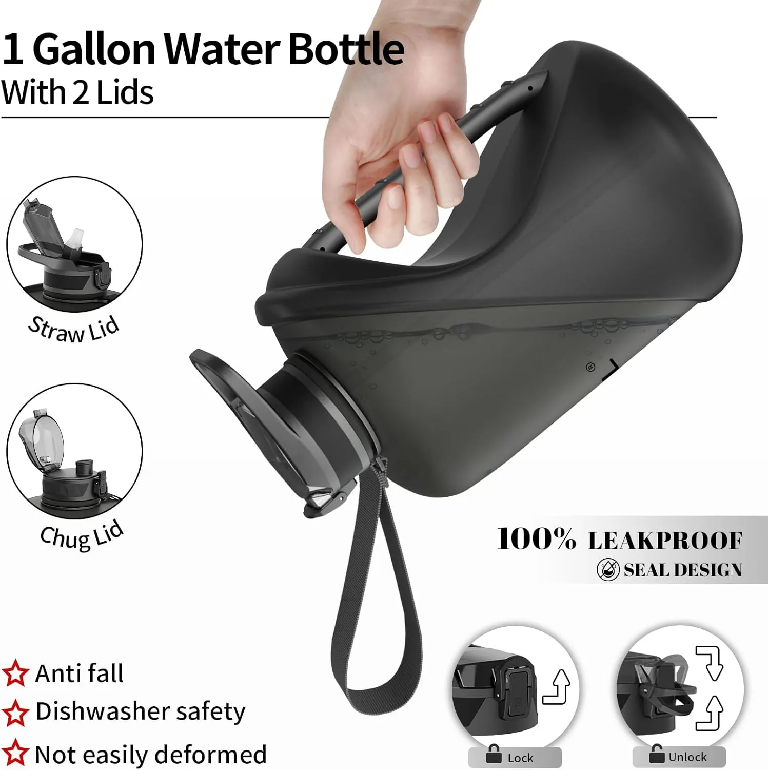 TOOFEEL 1 gallon water bottle - 128 oz water bottle with Straw & Chug Lid - BPA Free Big Water Bottle with Handle - Gym Water Bottle - Black