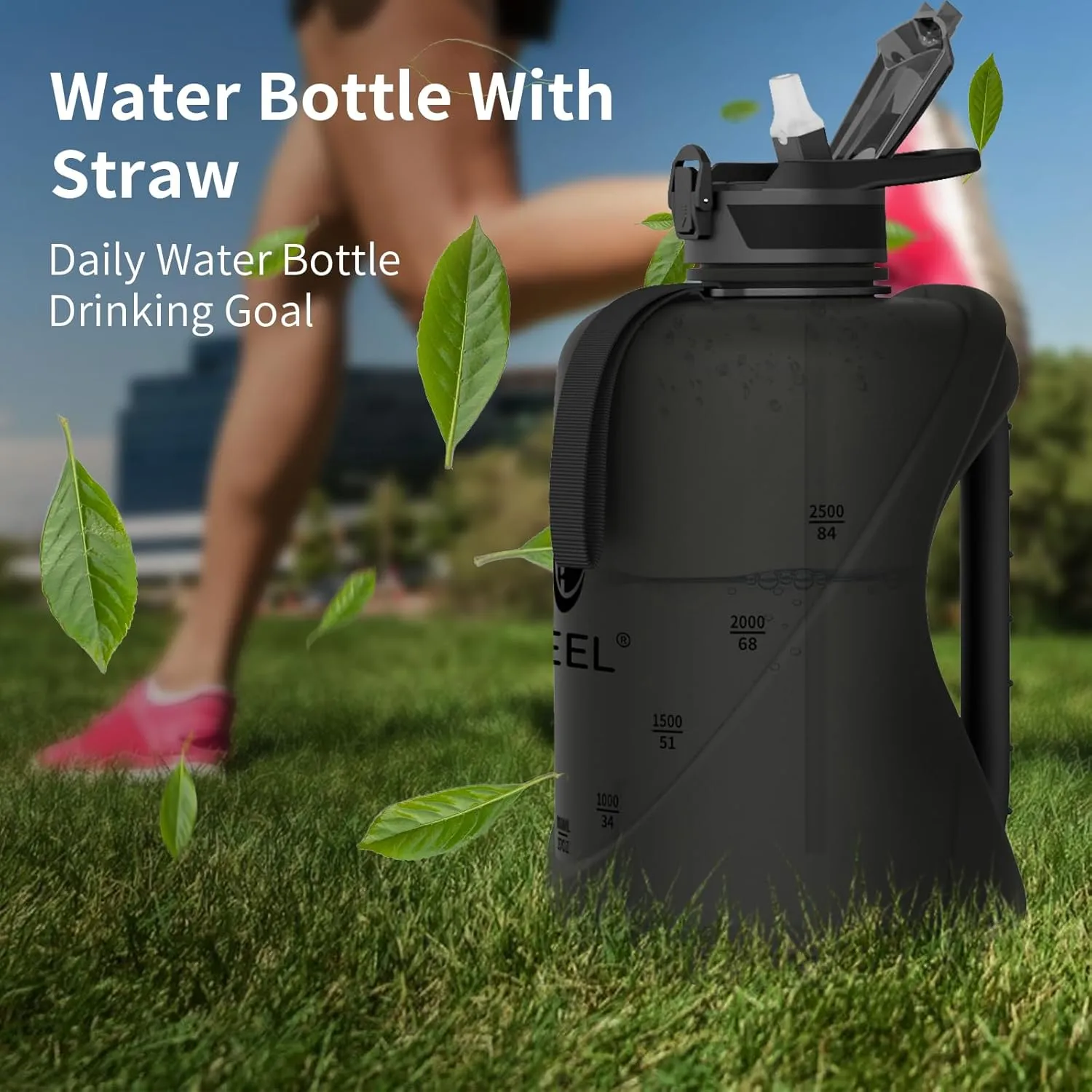 TOOFEEL 1 gallon water bottle - 128 oz water bottle with Straw & Chug Lid - BPA Free Big Water Bottle with Handle - Gym Water Bottle - Black