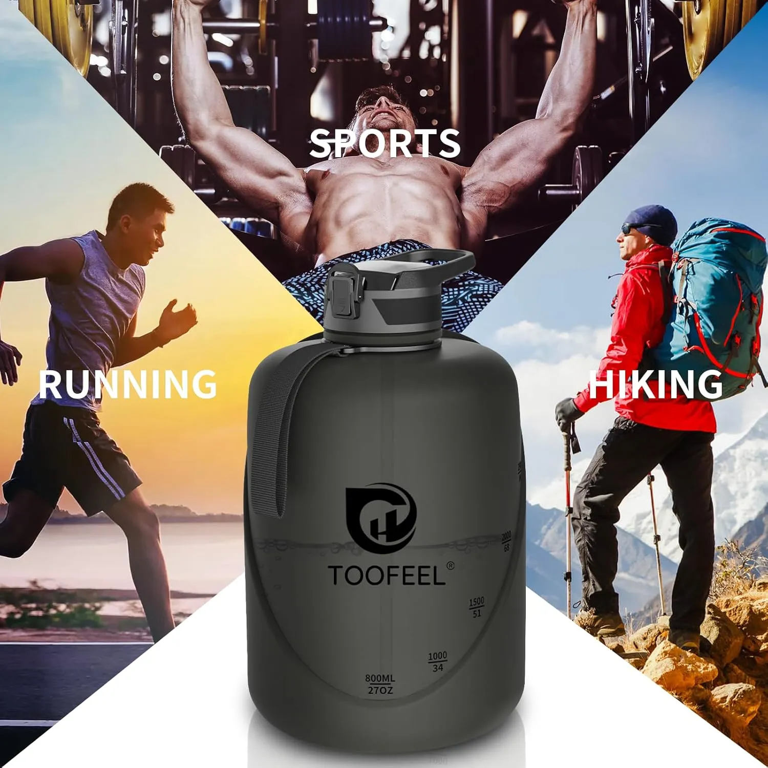 TOOFEEL 1 gallon water bottle - 128 oz water bottle with Straw & Chug Lid - BPA Free Big Water Bottle with Handle - Gym Water Bottle - Black