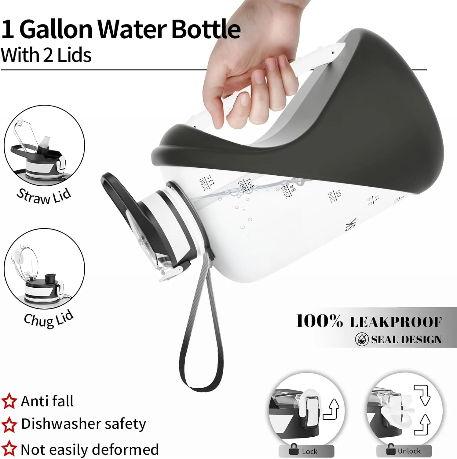 TOOFEEL 1 Gallon Water Bottle with Straw,2 Lids BPA Free Big Water Bottle for Fitness Gym Camping (128 Ounces, Black and White)