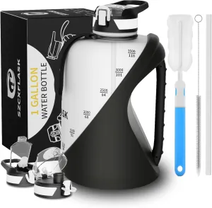 TOOFEEL 1 Gallon Water Bottle with Straw,2 Lids BPA Free Big Water Bottle for Fitness Gym Camping (128 Ounces, Black and White)