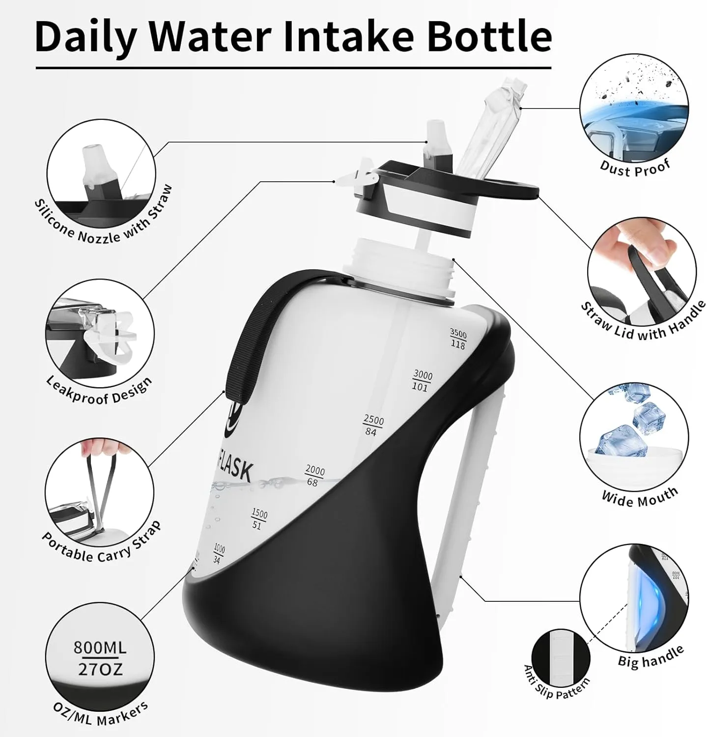 TOOFEEL 1 Gallon Water Bottle with Straw,2 Lids BPA Free Big Water Bottle for Fitness Gym Camping (128 Ounces, Black and White)