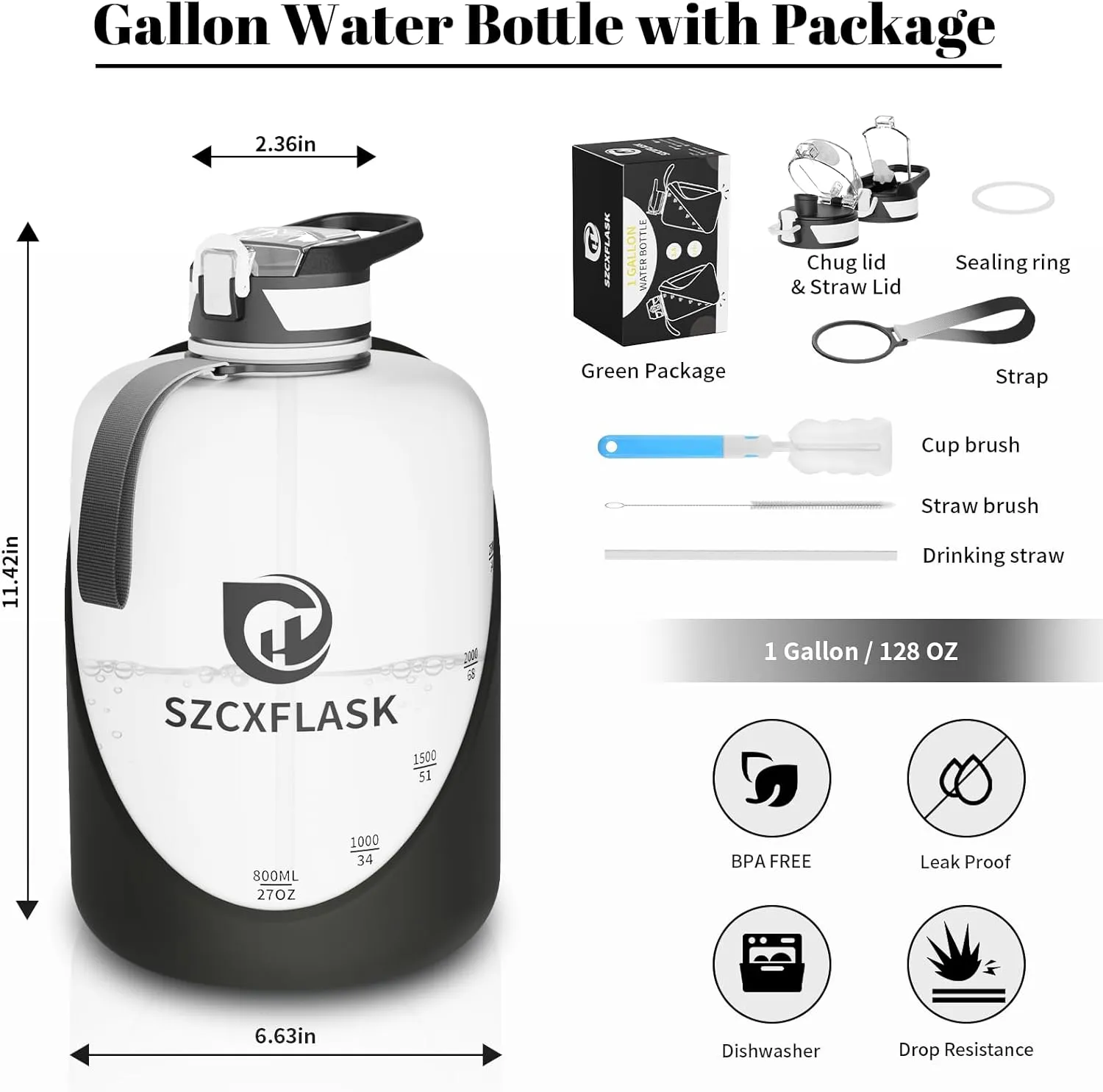 TOOFEEL 1 Gallon Water Bottle with Straw,2 Lids BPA Free Big Water Bottle for Fitness Gym Camping (128 Ounces, Black and White)