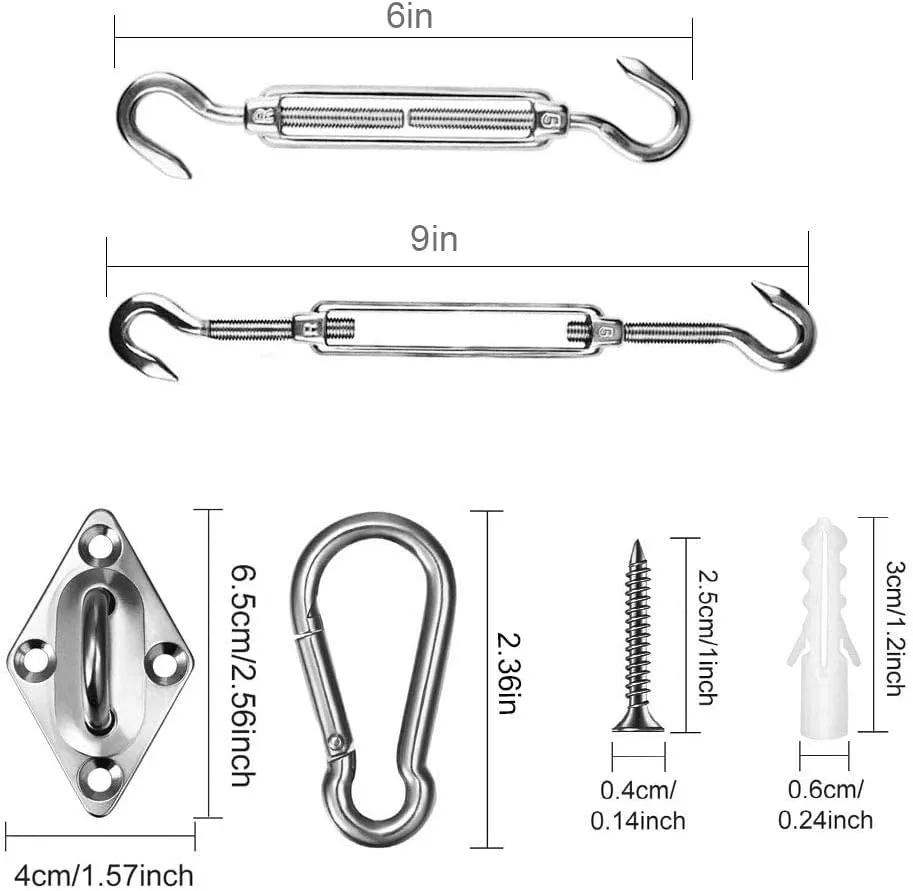 TooTaci Sun Shade Hardware Kit Triangle, T316 Stainless Steel Shade Sail Hardware Kit 6 Inch with 50ft Steel Cable, Marine Grade Sun Shade Sail Harware Kit for Outdoor Canopy Triangle