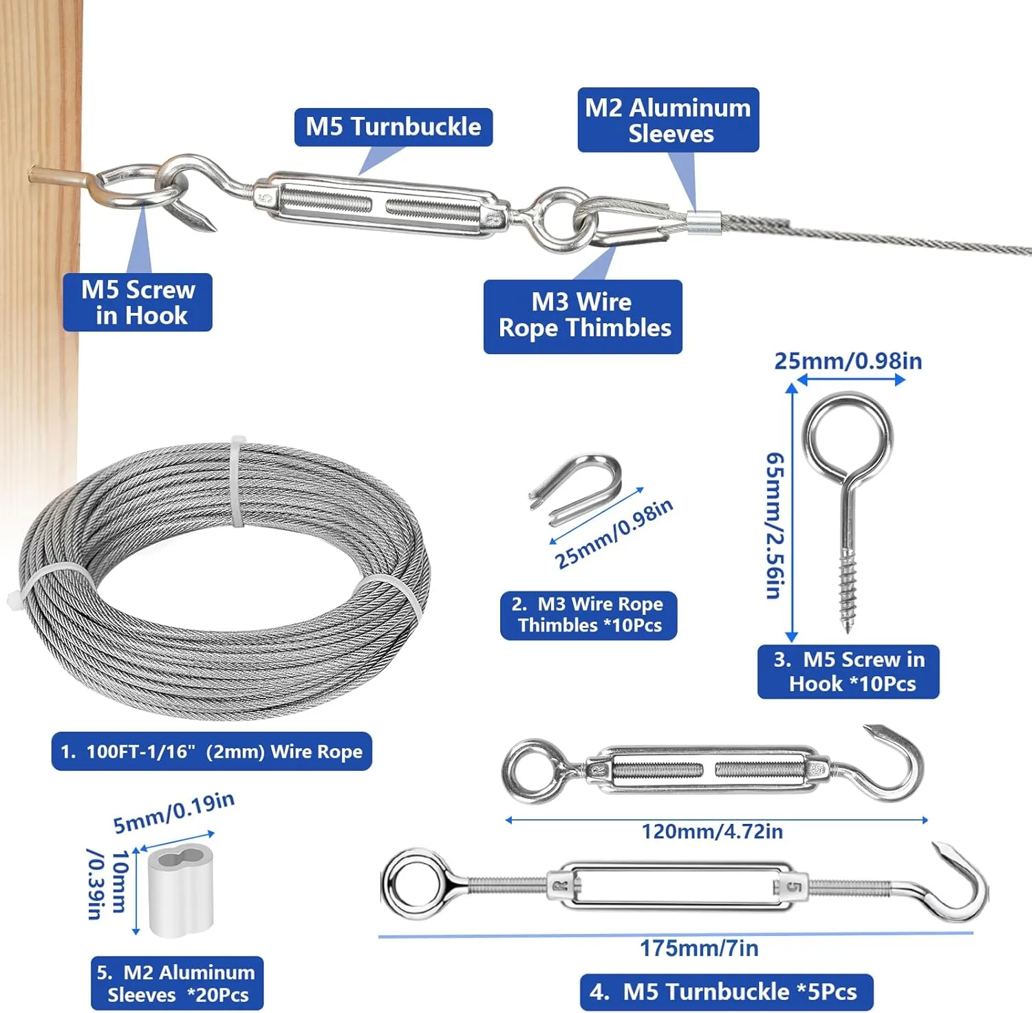 TooTaci Turnbuckle Wire Tensioner Kit, 100ft 1/16 Vinyl Coated Stainless Steel Cable with M5 Turnbuckles for Cables Wire Rope for Garden Trellis, String Light Hanging, Curtain