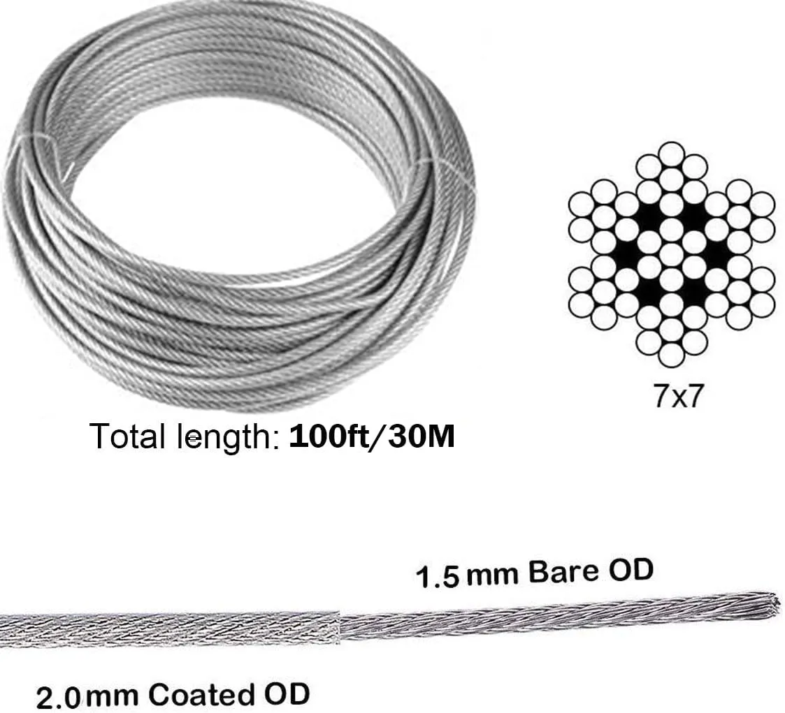TooTaci Turnbuckle Wire Tensioner Kit, 100ft 1/16 Vinyl Coated Stainless Steel Cable with M5 Turnbuckles for Cables Wire Rope for Garden Trellis, String Light Hanging, Curtain