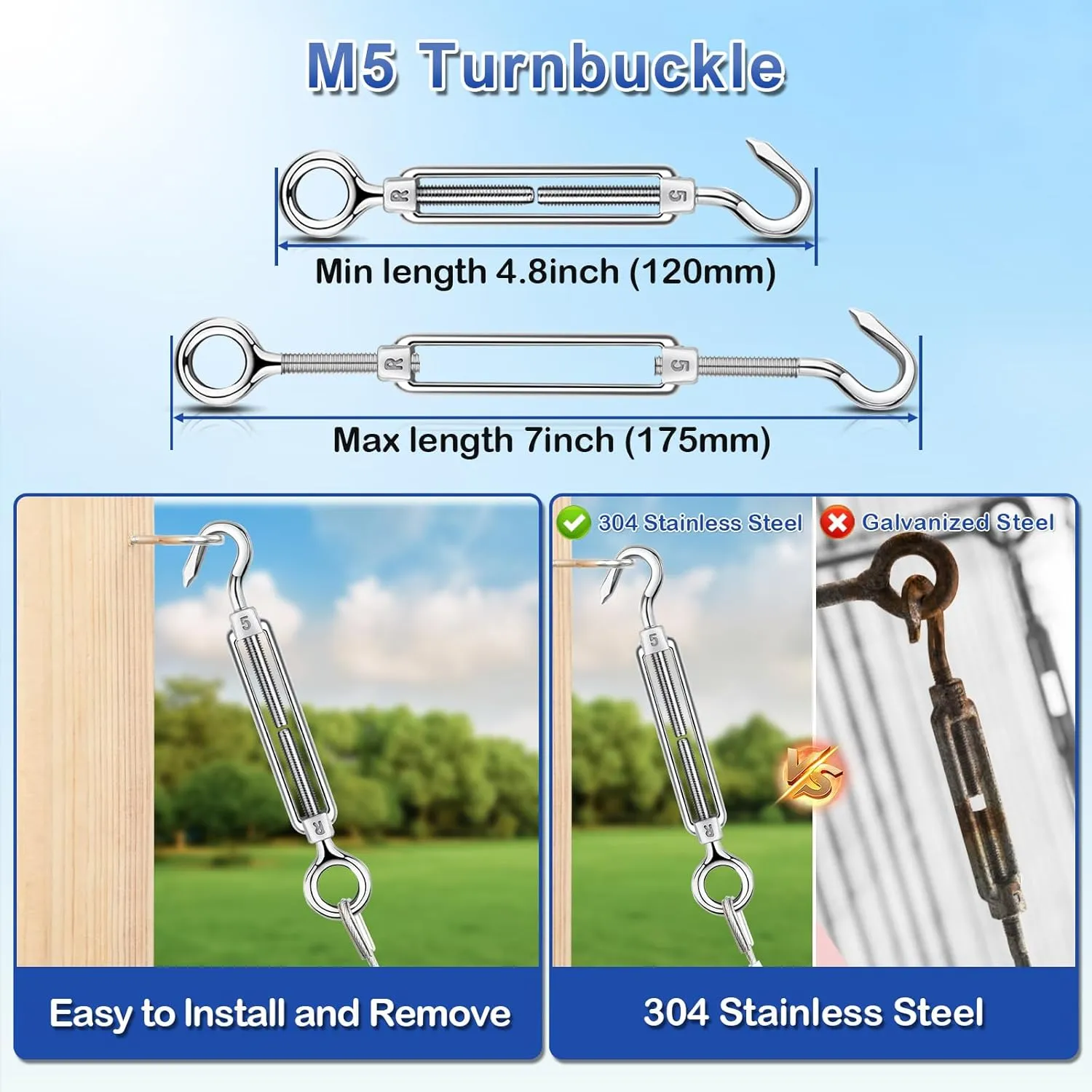 TooTaci Turnbuckle Wire Tensioner Kit, 100ft 1/16 Vinyl Coated Stainless Steel Cable with M5 Turnbuckles for Cables Wire Rope for Garden Trellis, String Light Hanging, Curtain