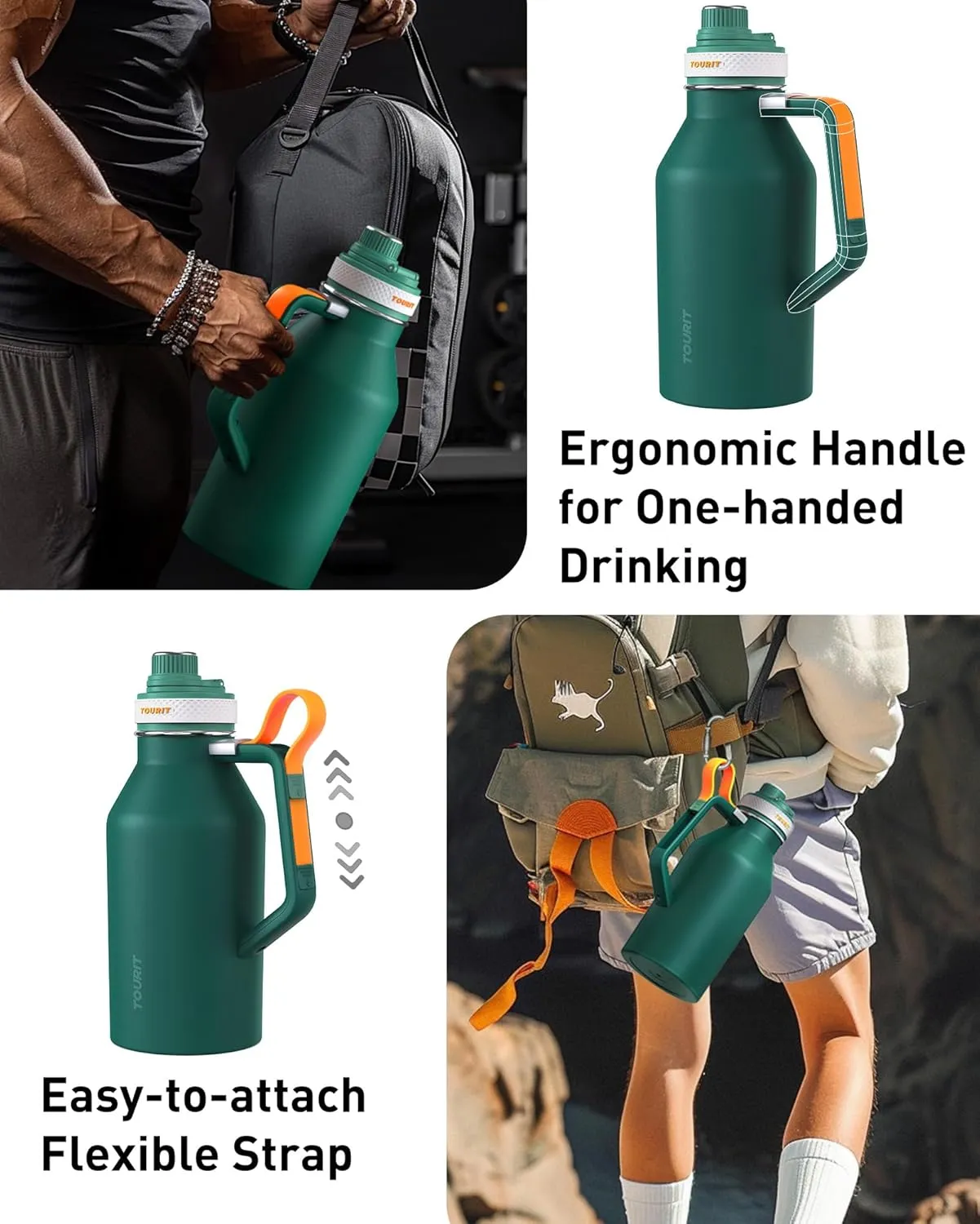 TOURIT 64oz Insulated Water Bottle Stainless Steel, Half Gallon Large Water Jug with 2-in-1 Handle, Double Wall Vacuum Metal Keep Cold & Hot, Wide Mouth Sport Water Flask For Gym, Travel, Silver