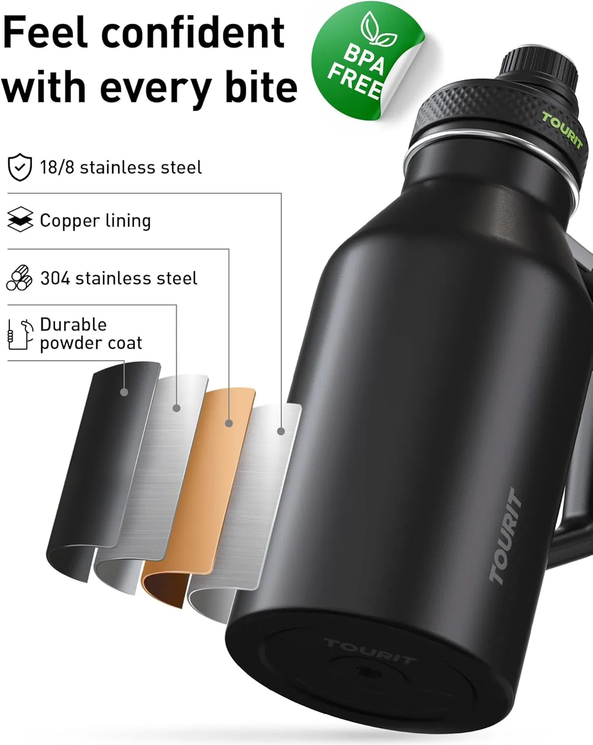 TOURIT 64oz Insulated Water Bottle Stainless Steel, Half Gallon Large Water Jug with 2-in-1 Handle, Double Wall Vacuum Metal Keep Cold & Hot, Wide Mouth Sport Water Flask For Gym, Travel, Silver